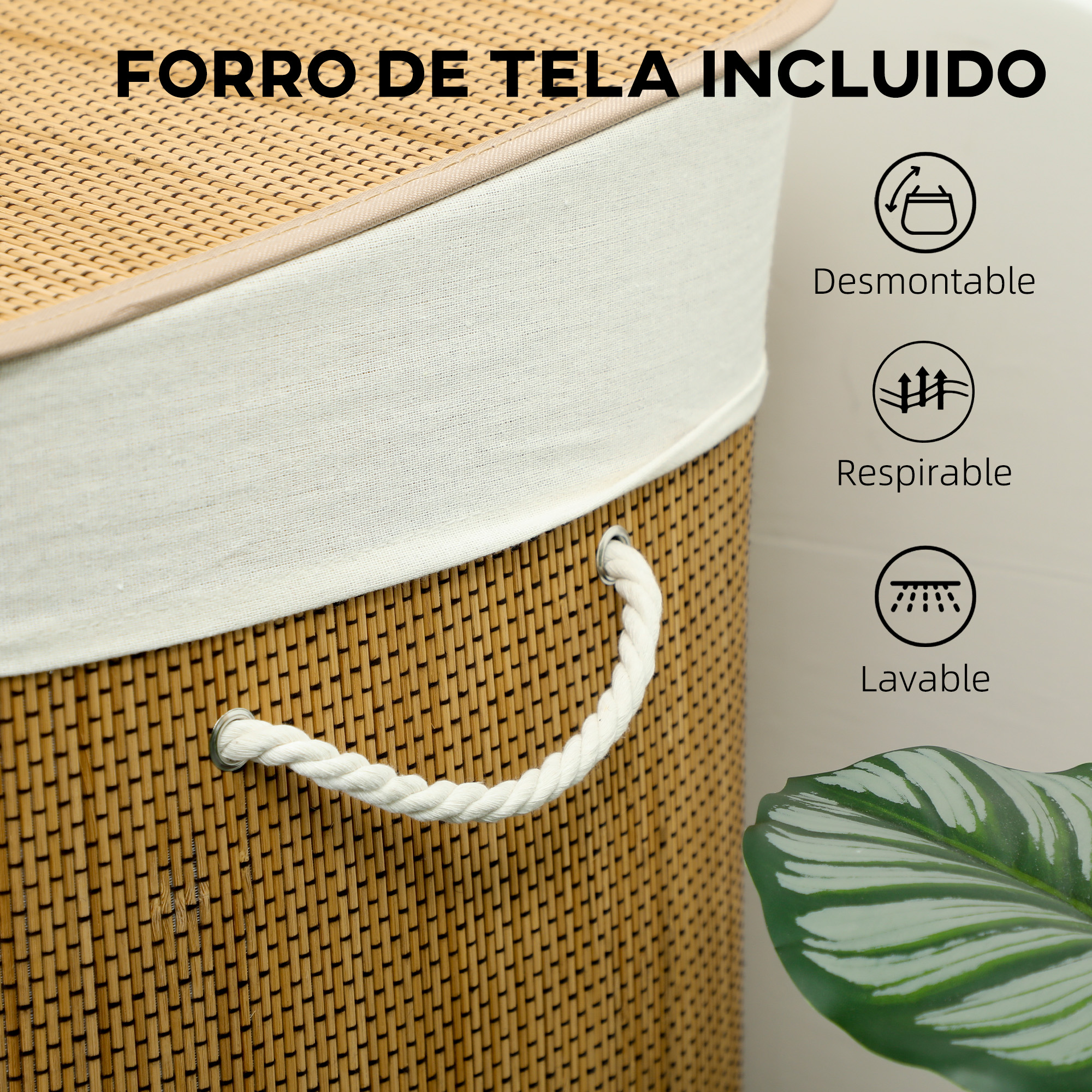 Cesta de bambú tejida con forro de tela blanca y asas de cuerda.