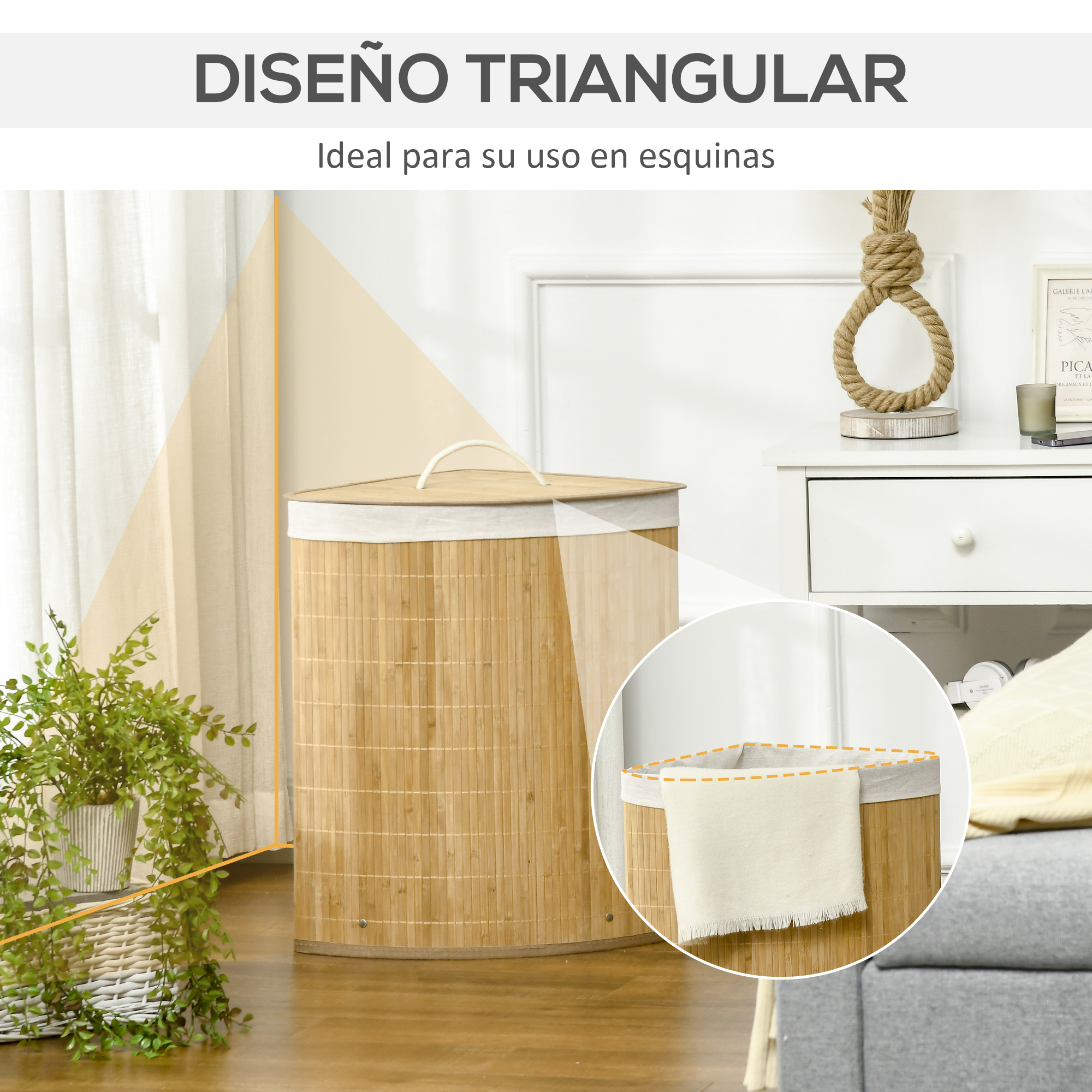 Un cesto de ropa triangular de bambú junto a una mesita de noche blanca.