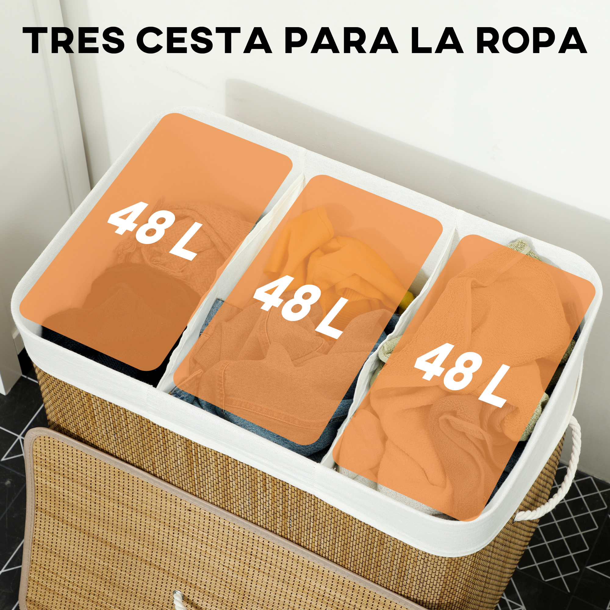 Cesto de ropa de bambú de tres compartimentos con inserciones naranjas, cada uno de 48 L.