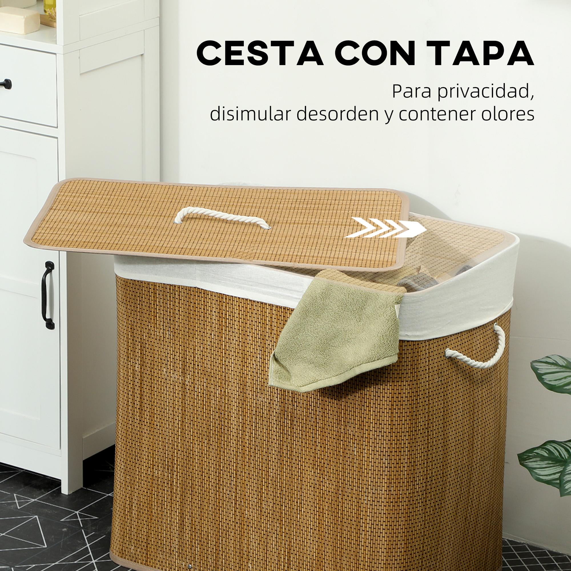 Cesta de lavandería de bambú marrón con forro y tapa blancos.