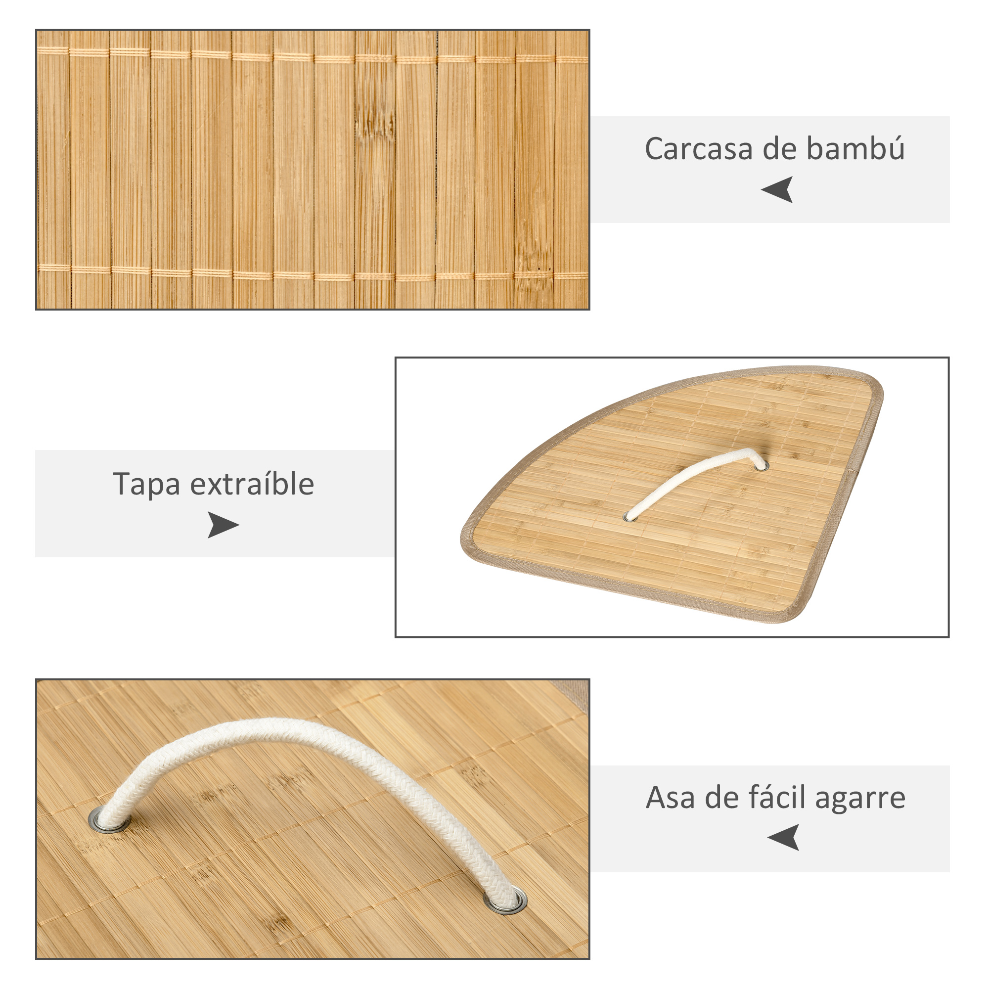 Carcasa de bambú, tapa extraíble y asa.