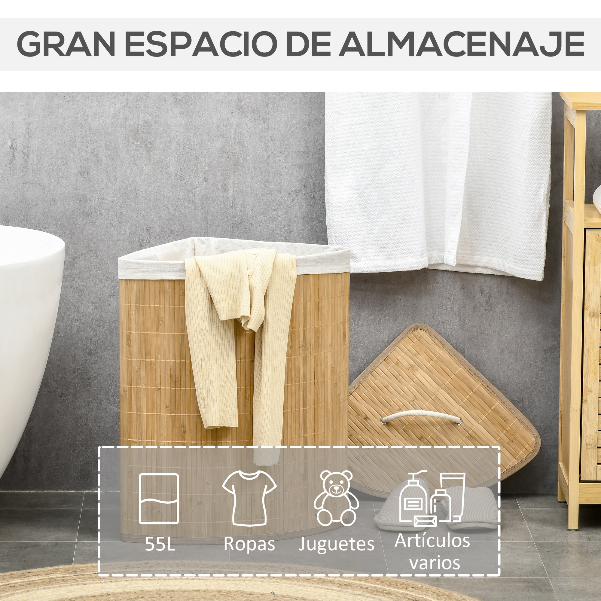 Baño con cesto de ropa de bambú, toalla blanca, bañera y estante de madera.