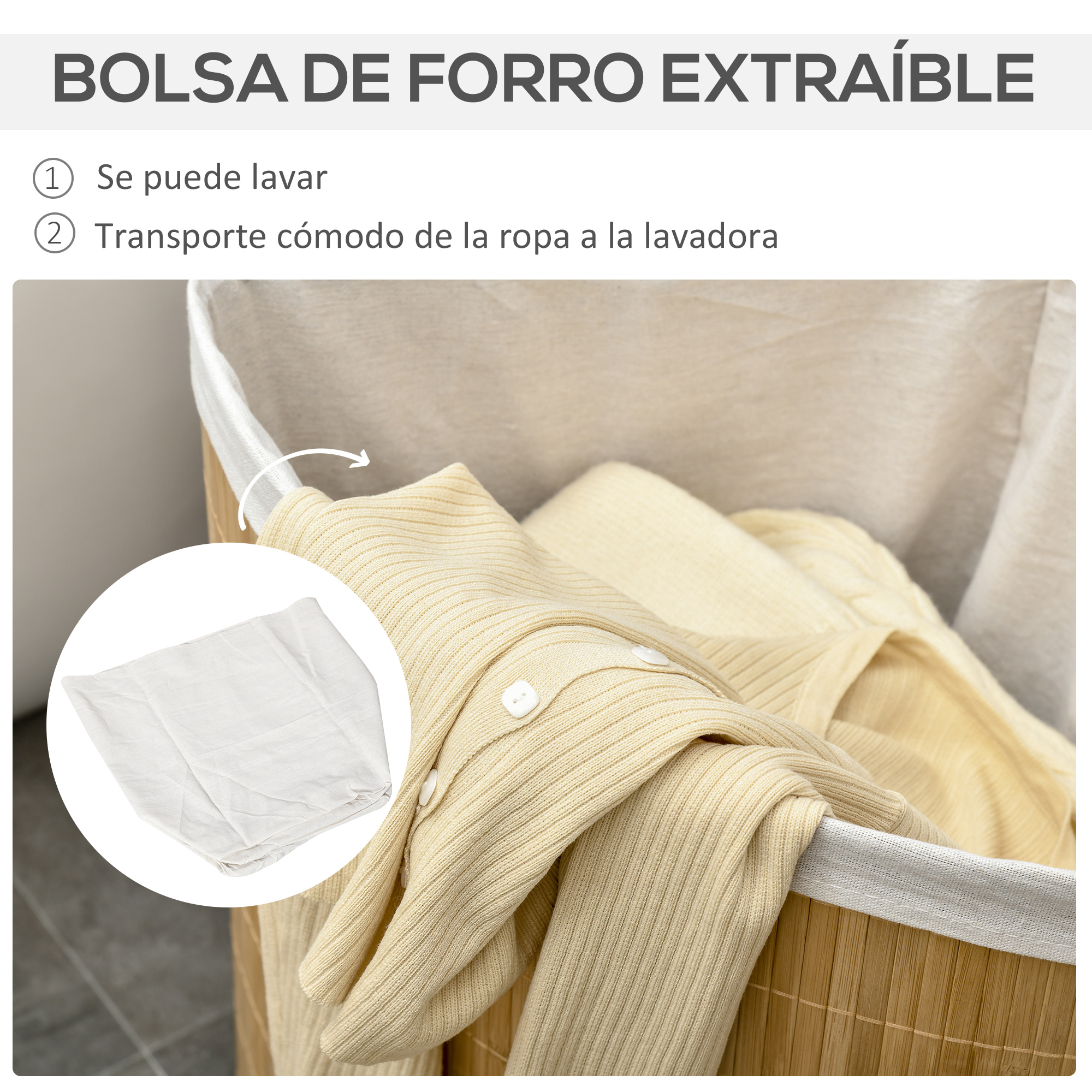 Un jersey beige en una cesta de bambú. Se ve un forro blanco.