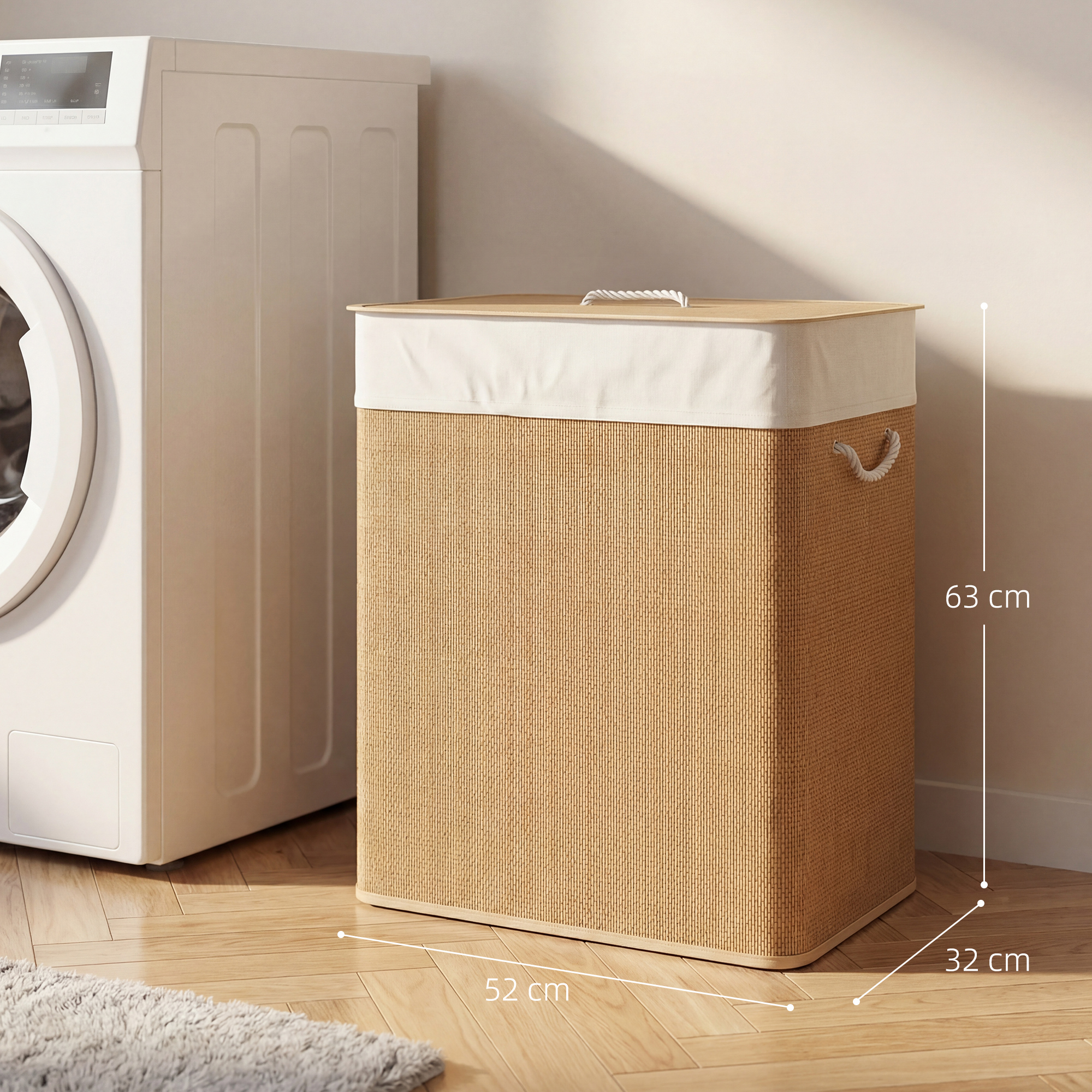 Cesto de ropa rectangular de bambú tejido con tapa blanca junto a lavadora.