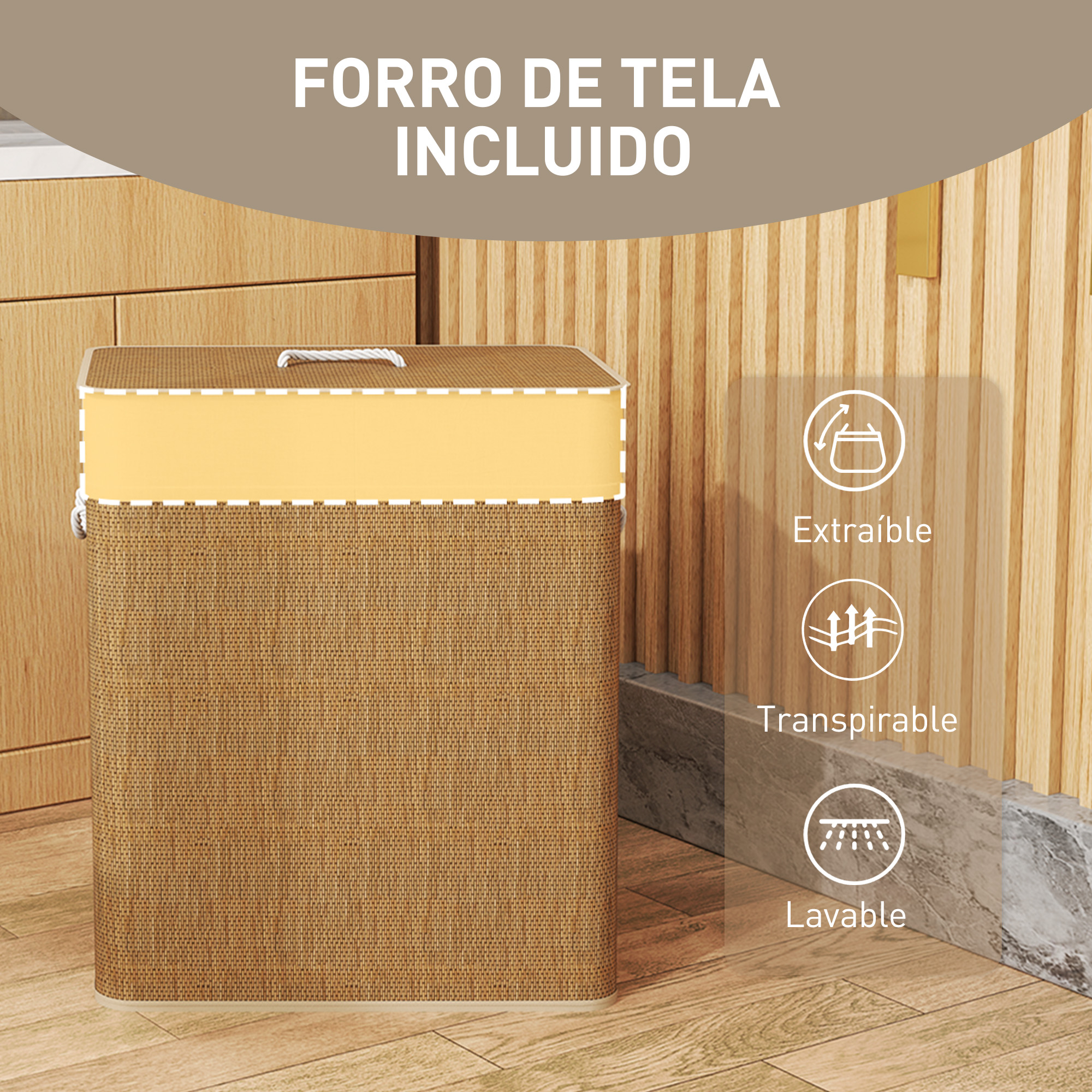 Una cesta de lavandería marrón con borde amarillo sobre suelo de madera.