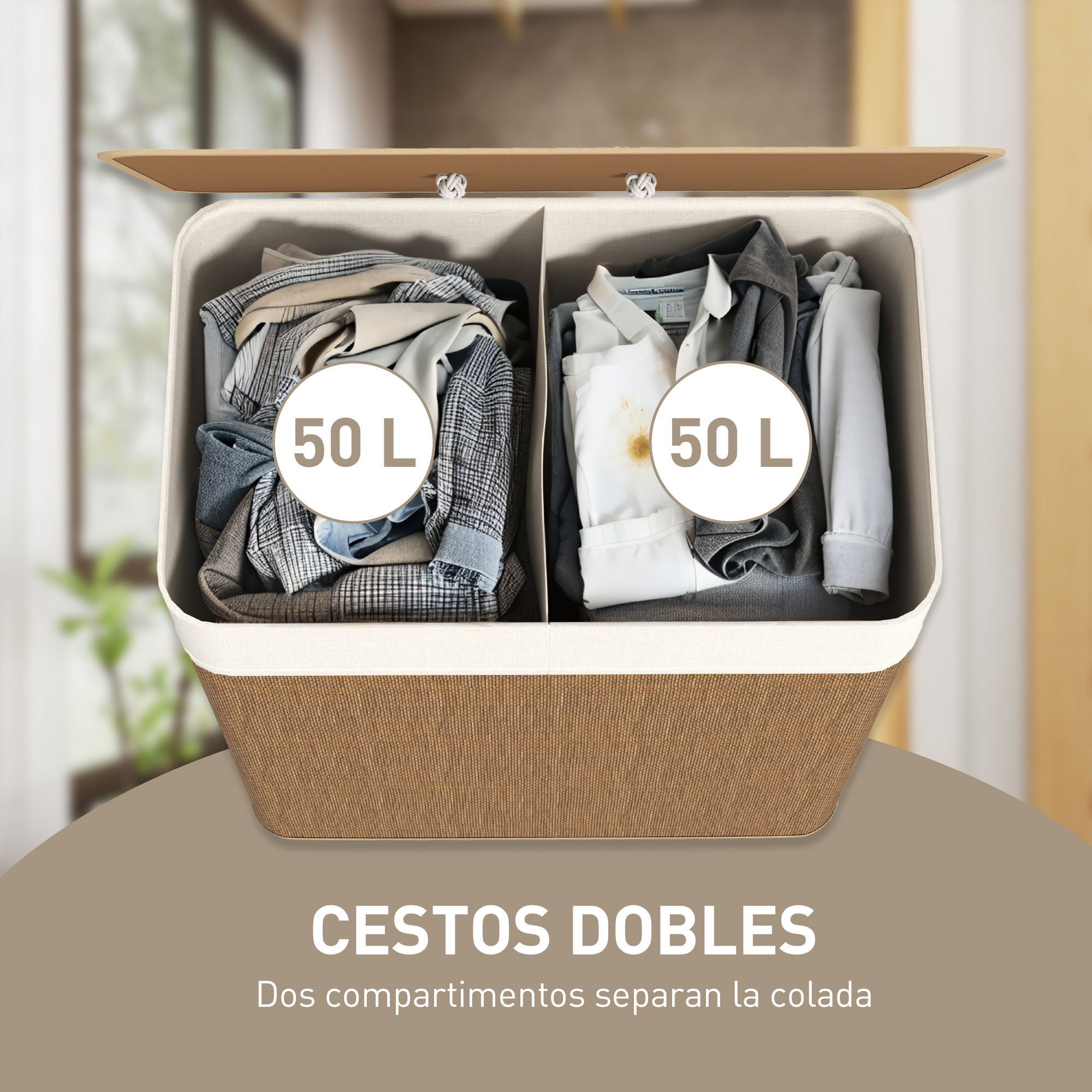 Cesto de ropa de doble compartimento, 50 L cada uno.