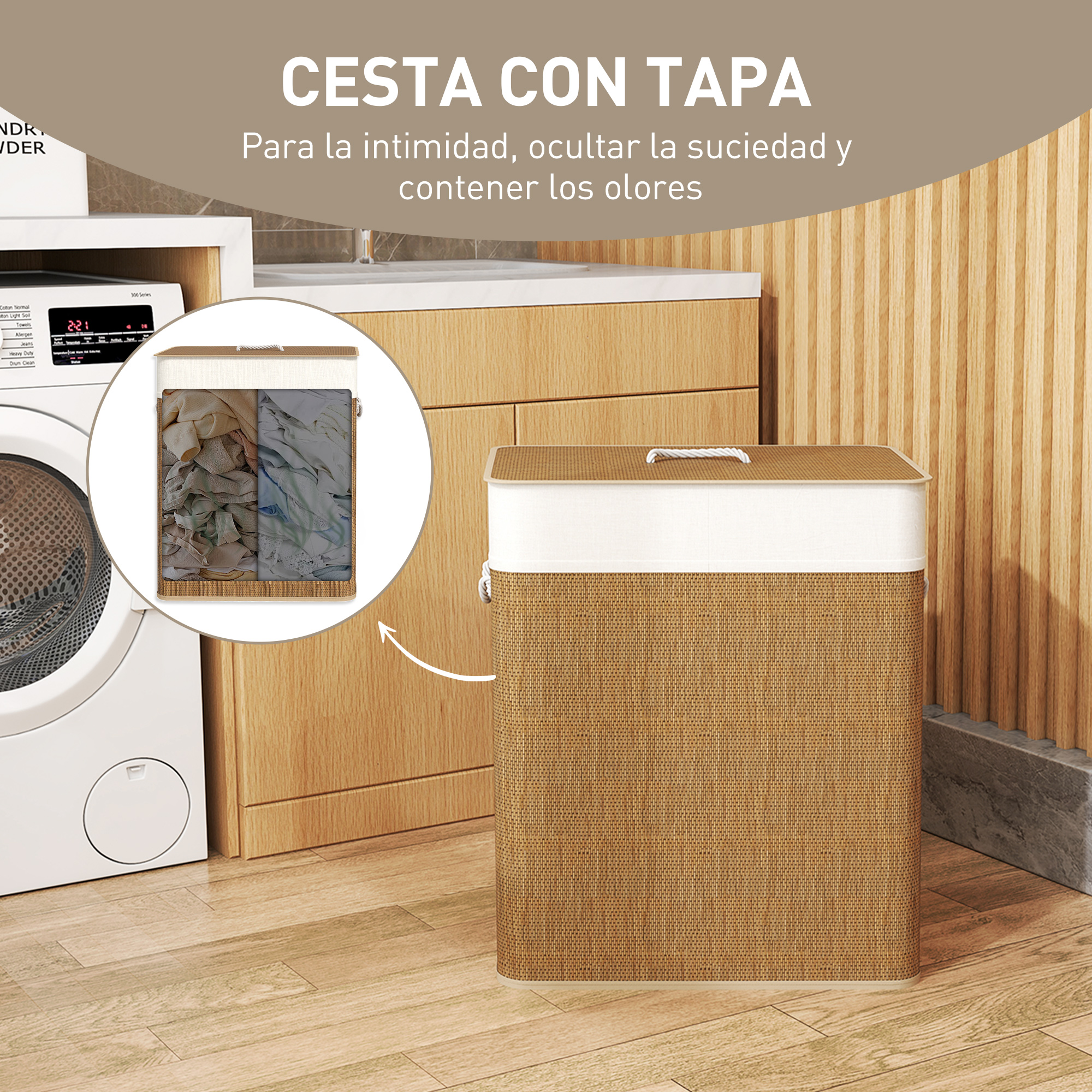 Una cesta de lavandería marrón con tapa blanca junto a una lavadora.