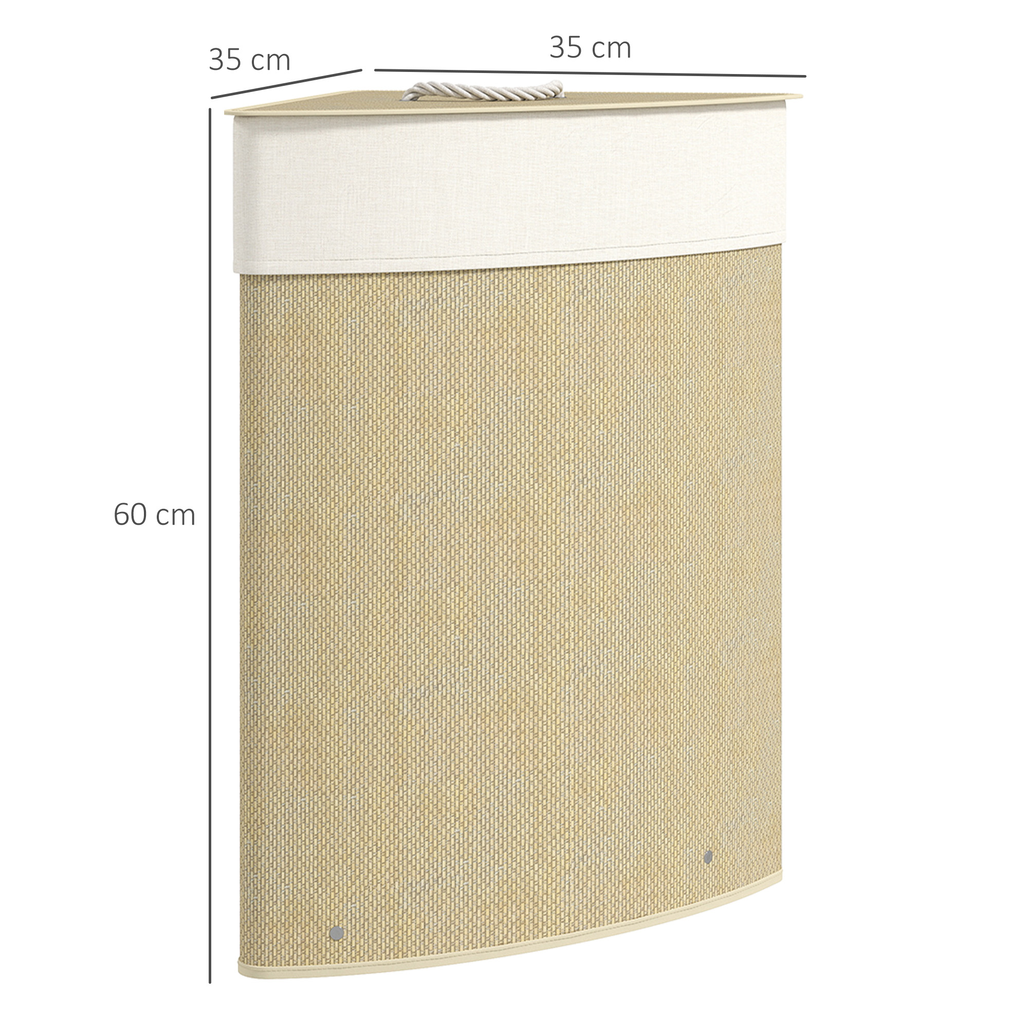 Cesta triangular, 35x35x60 cm, beige con asa de cuerda.