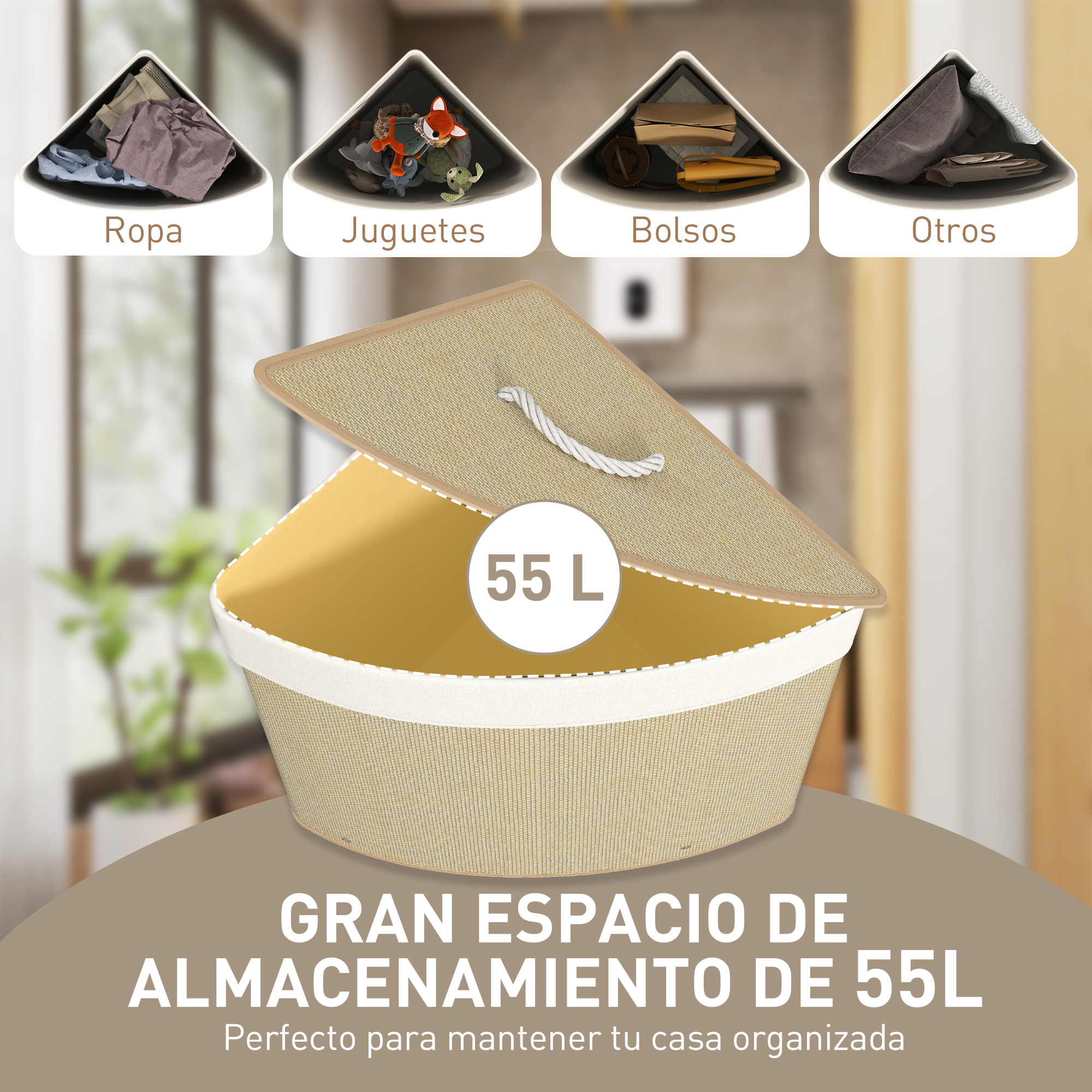 Cesta de almacenaje beige con tapa y etiqueta de 55 L. Arriba, cuatro compartimentos para ropa, juguetes, bolsos y otros.