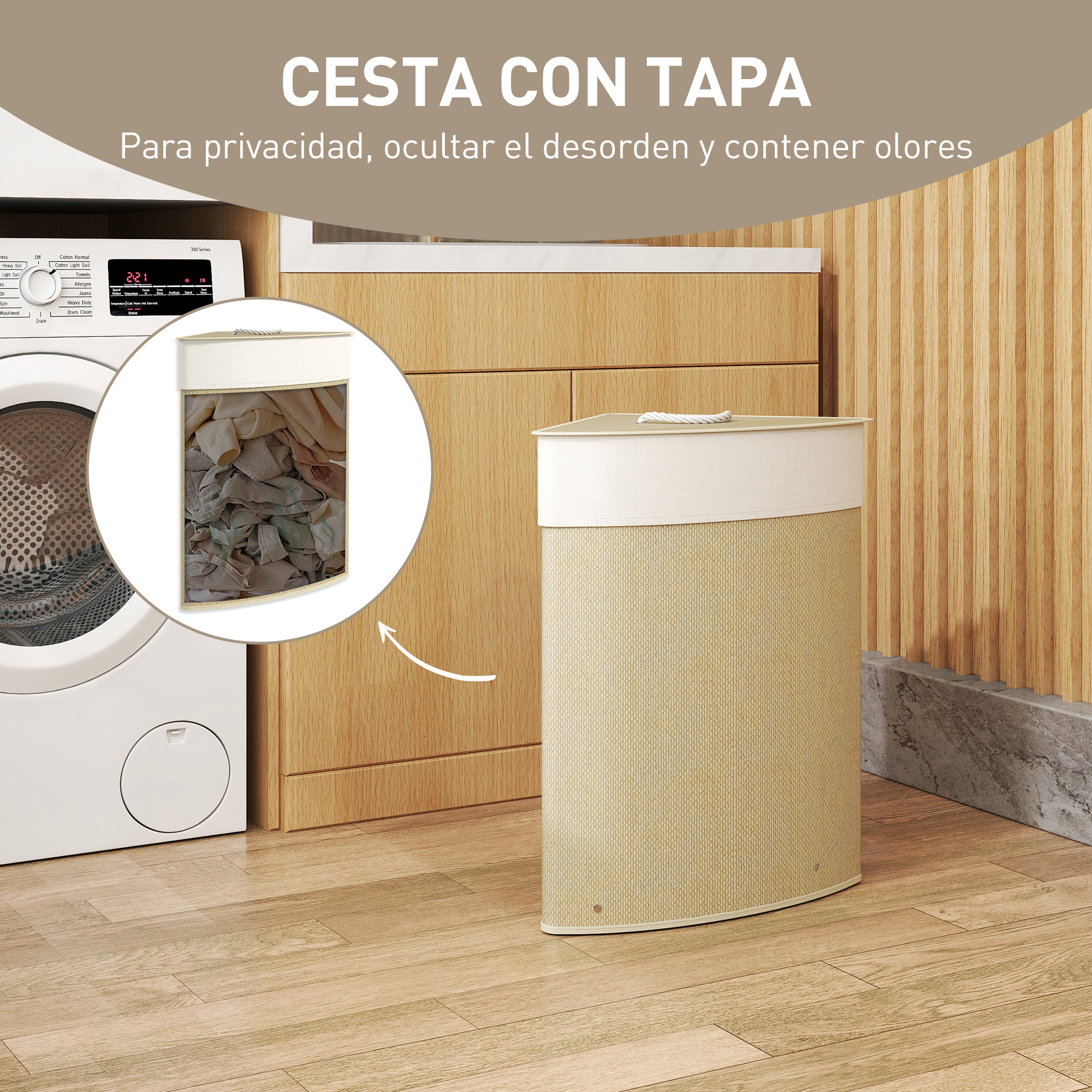 Un cesto de ropa beige con tapa está al lado de una lavadora en un baño.