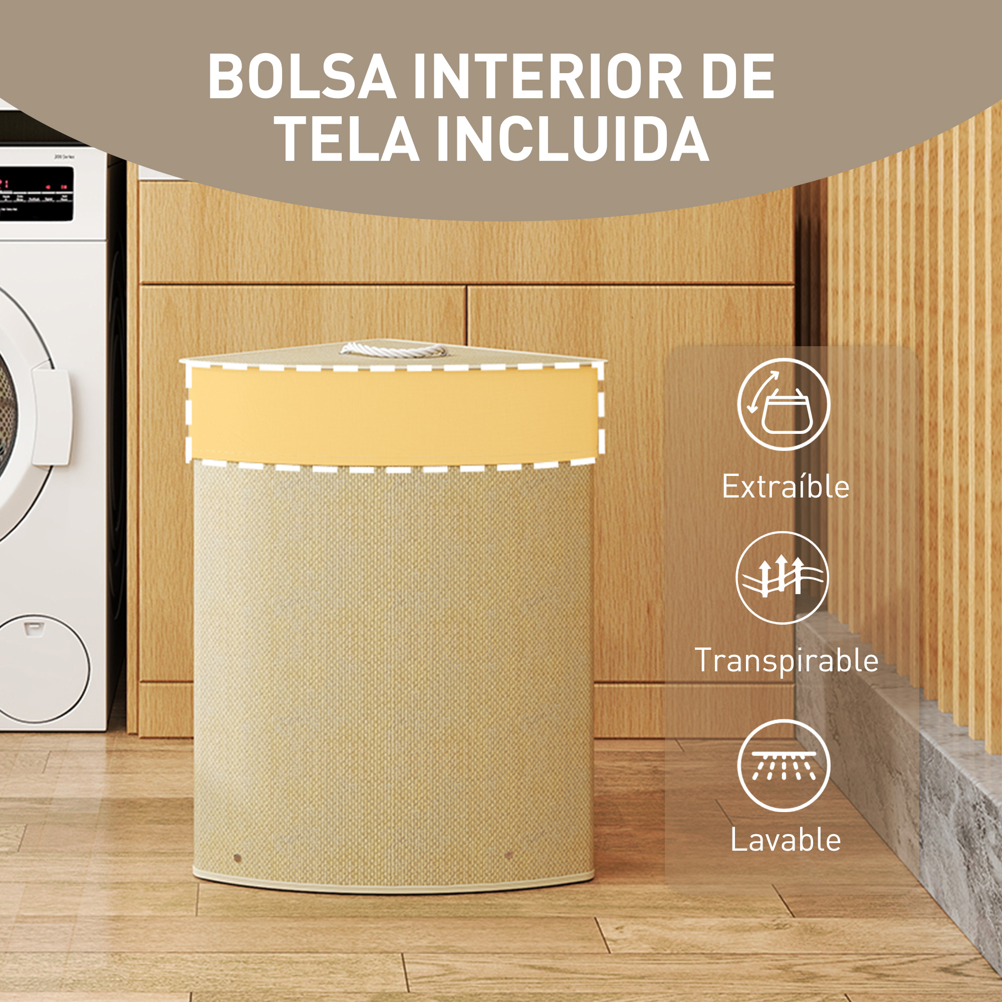 Una cesta de lavandería redonda y beige junto a una lavadora.