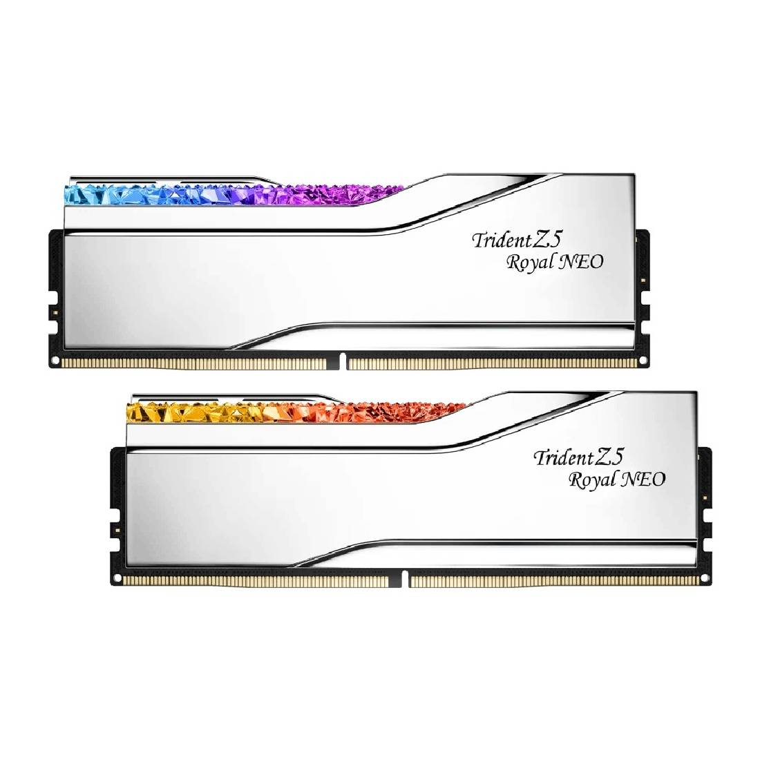Mavi/mor ve sarı/turuncu RGB aydınlatmalı iki gümüş RAM modülü.