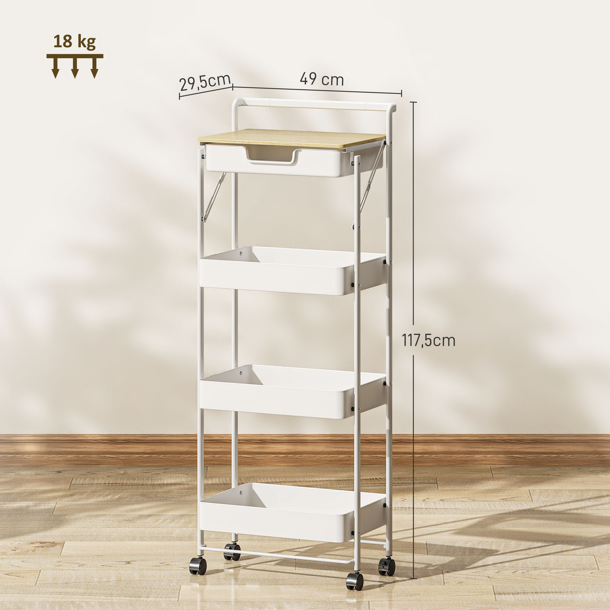 Un carrito blanco con ruedas, cuatro cestas y tapa de madera. Se muestran dimensiones.