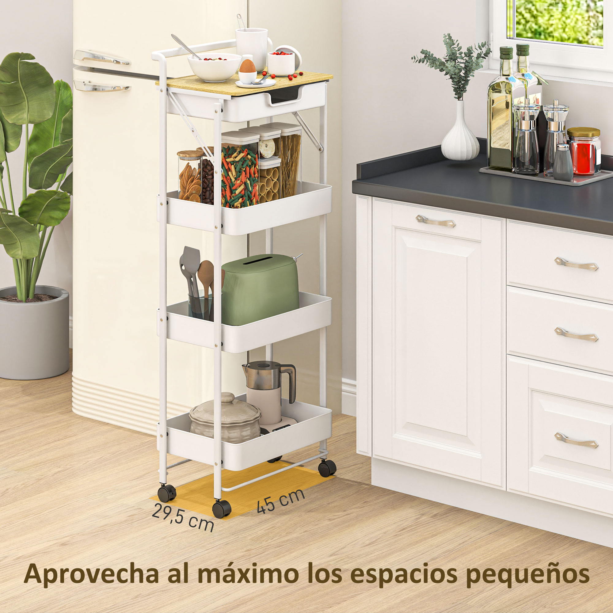 Un carrito de cocina blanco de cuatro niveles junto a un refrigerador color crema.