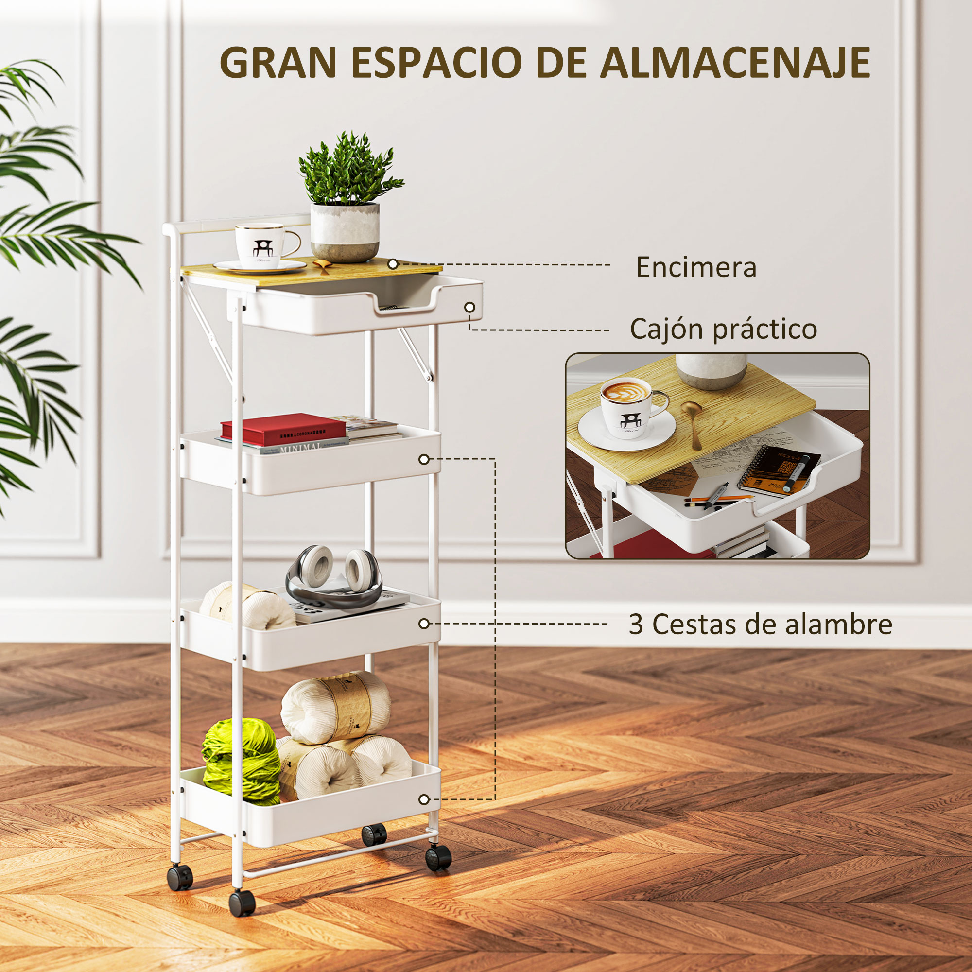 Un carrito blanco con ruedas y tres cestas, con hilo y auriculares.