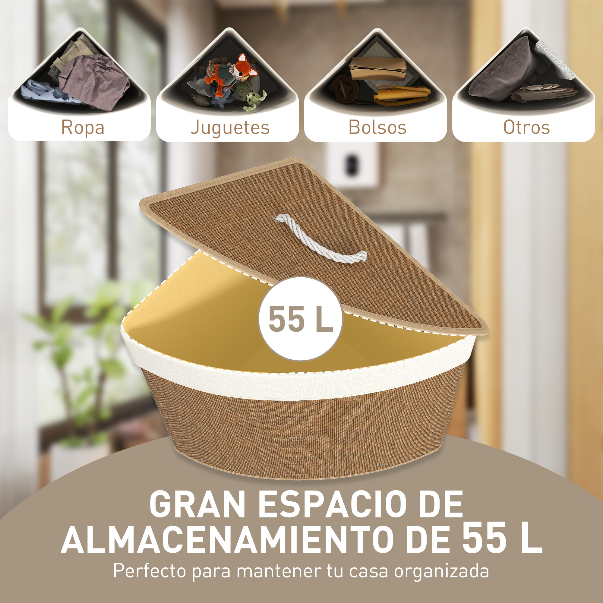 Cesta de almacenamiento marrón de 55L, con tapa, para ropa, juguetes y bolsos.