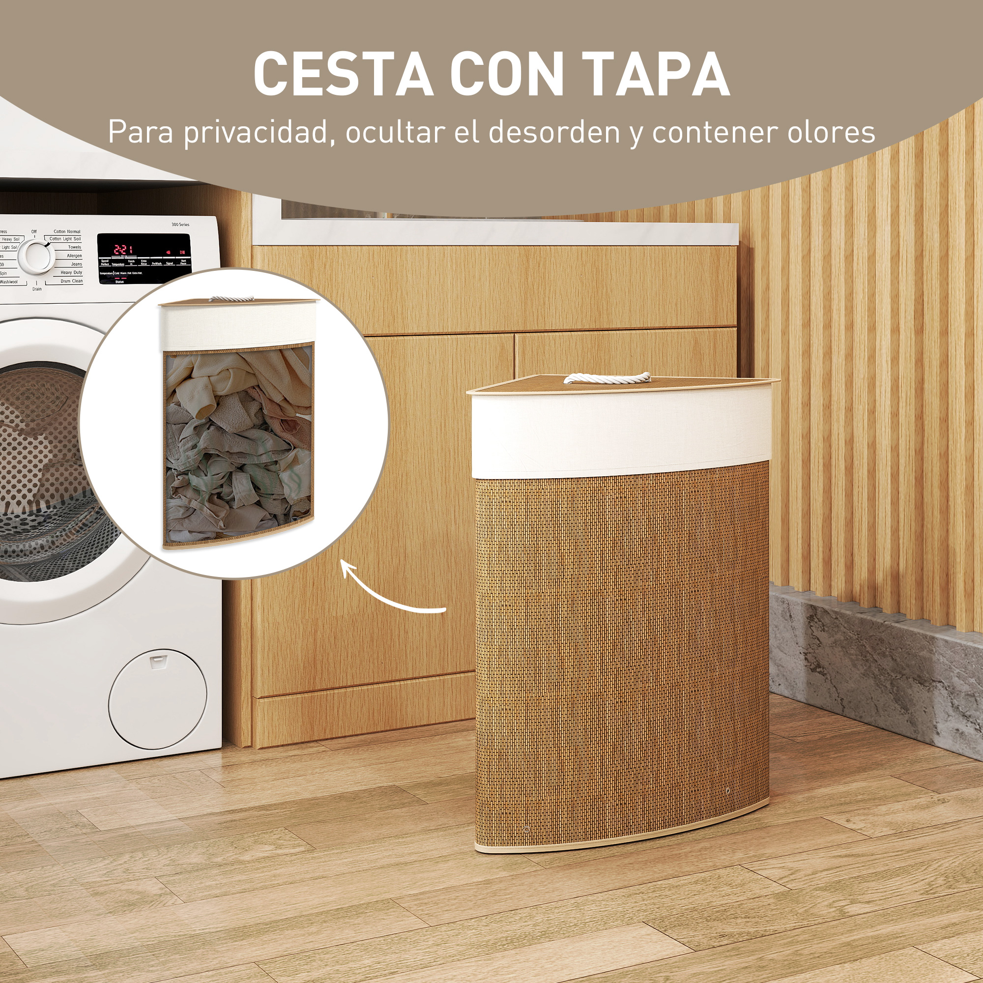 Cesto de mimbre marrón con tapa blanca junto a lavadora.