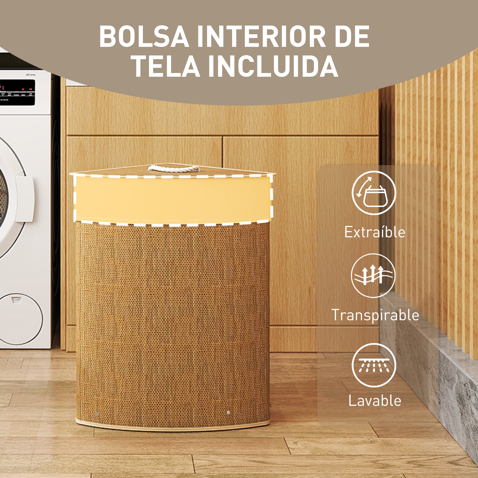 Cesto de ropa marrón con interior amarillo junto a una lavadora.