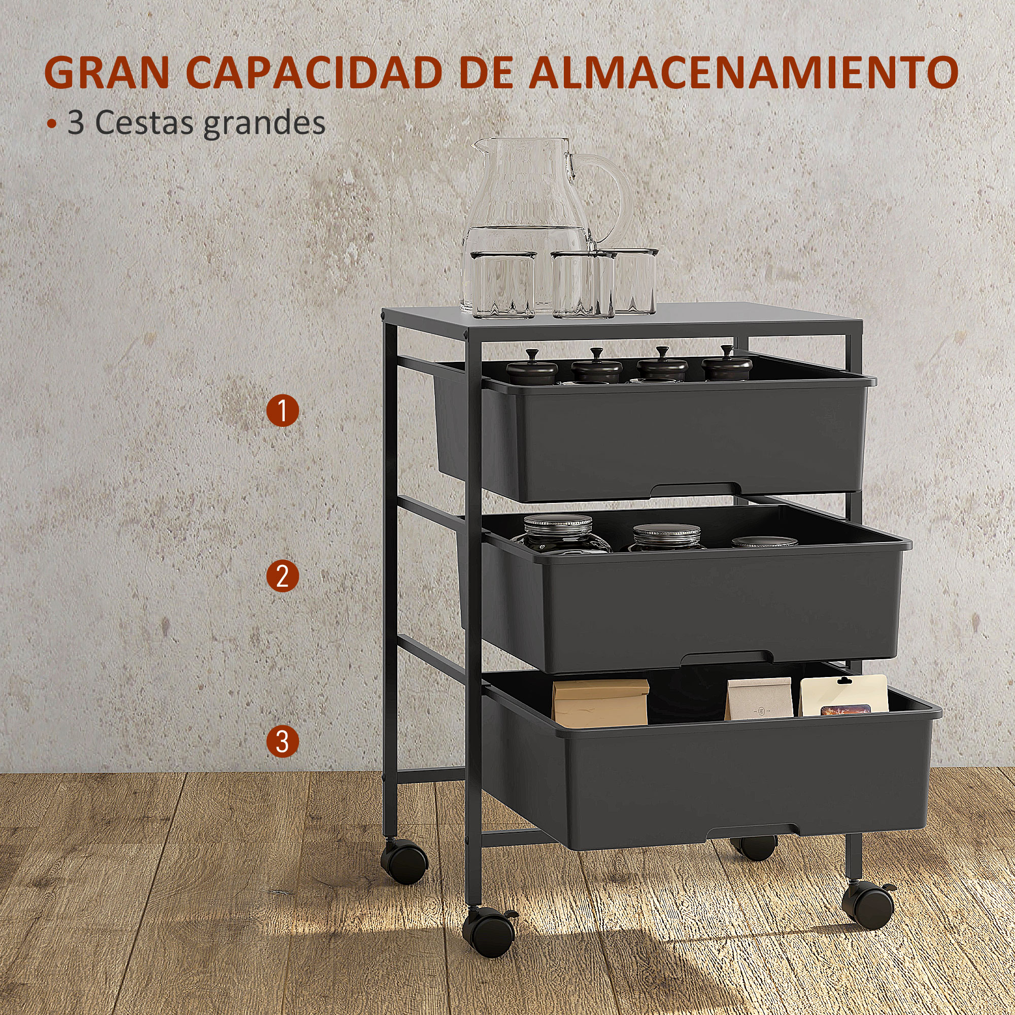 Un carrito negro con ruedas y tres cestas, con frascos y recipientes.