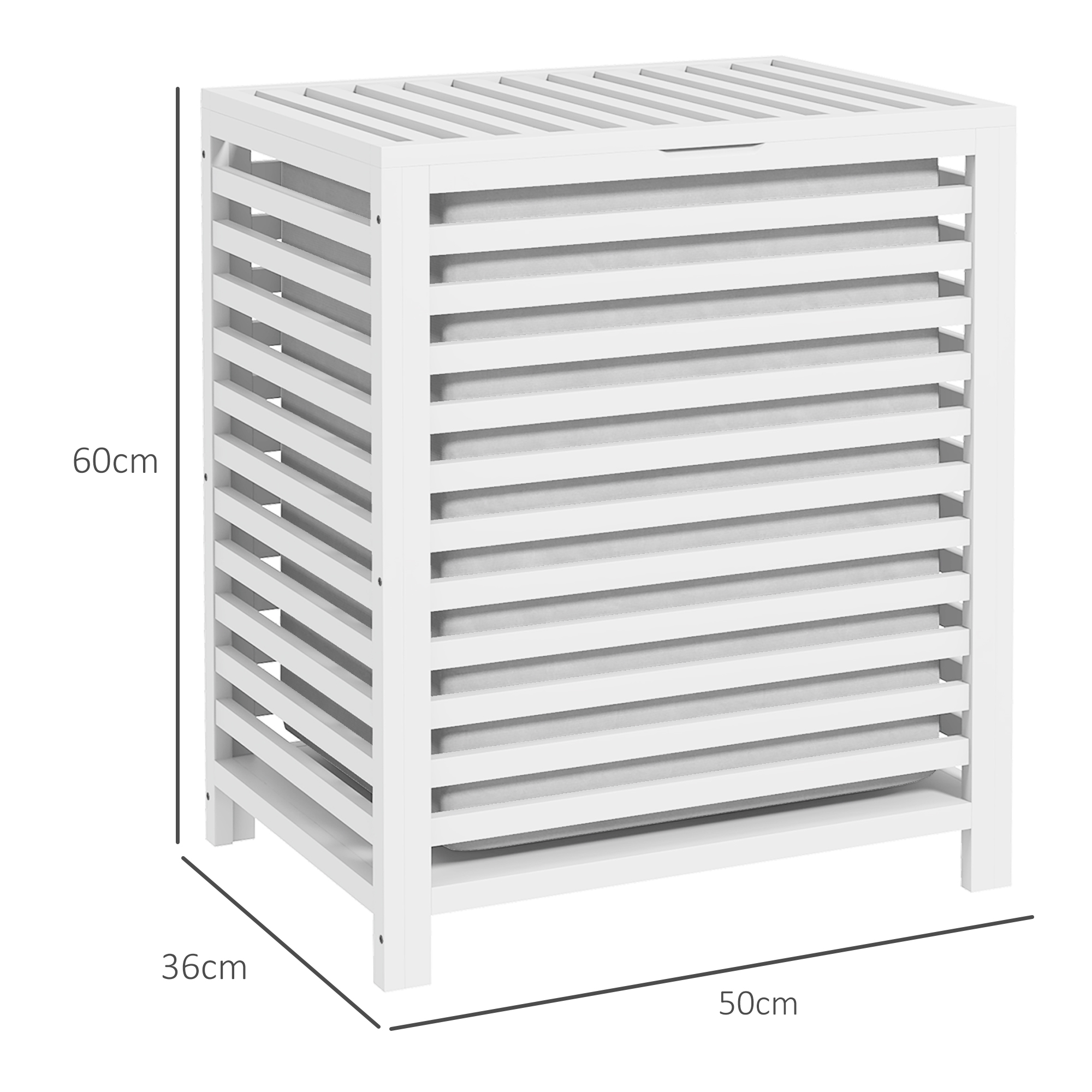 Un armario blanco de madera con lamas y detalles grises. Mide 50x36x60cm.