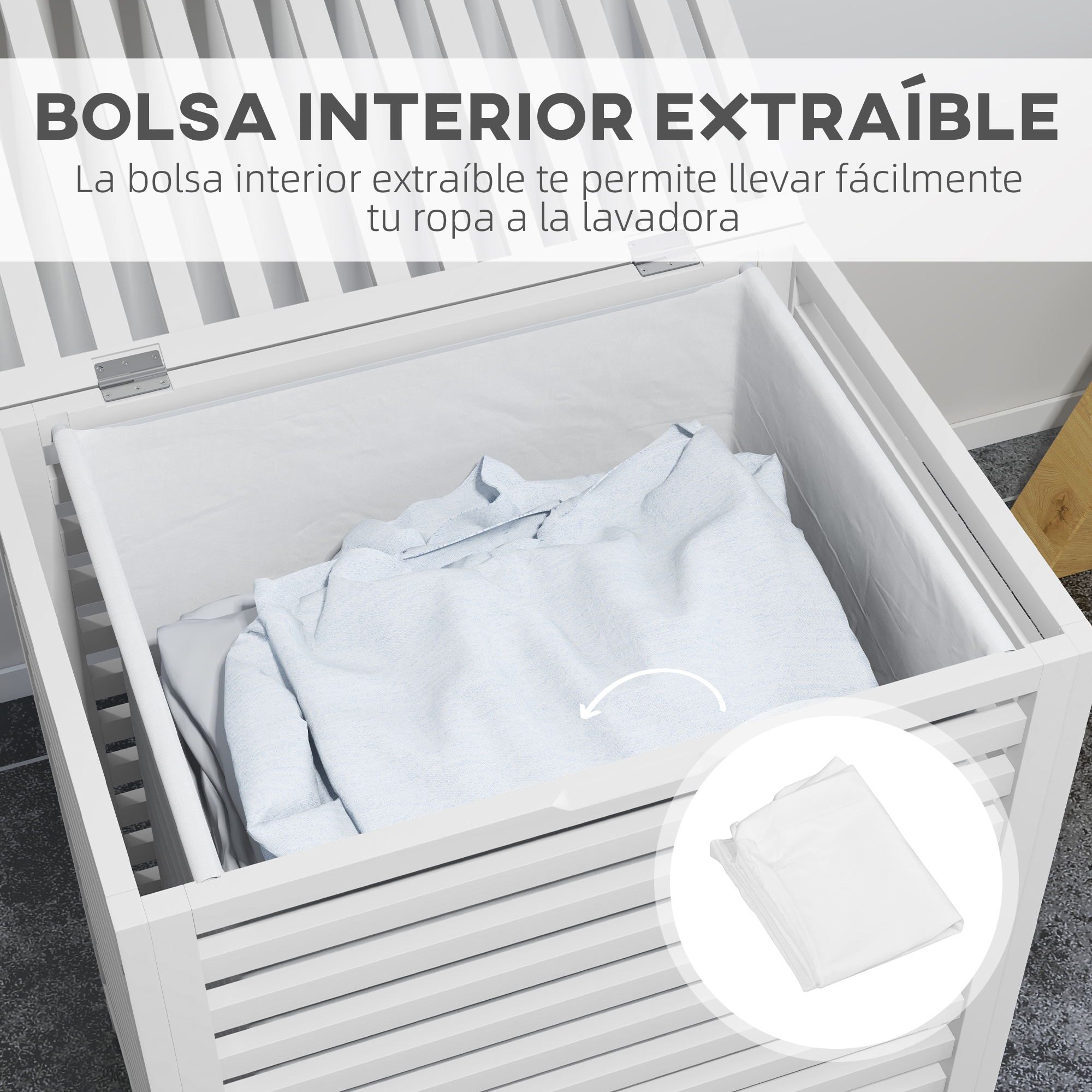 Una cesta de ropa blanca con bolsa extraíble y ropa dentro.