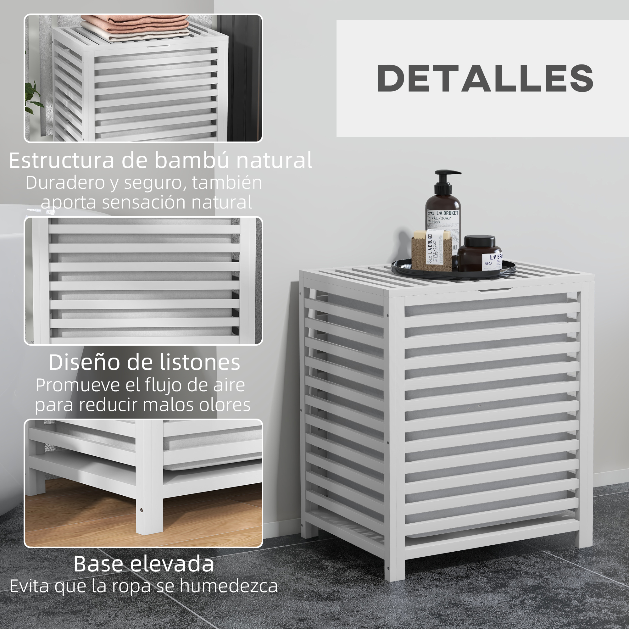 Una cesta de ropa blanca de listones con productos encima y al lado.
