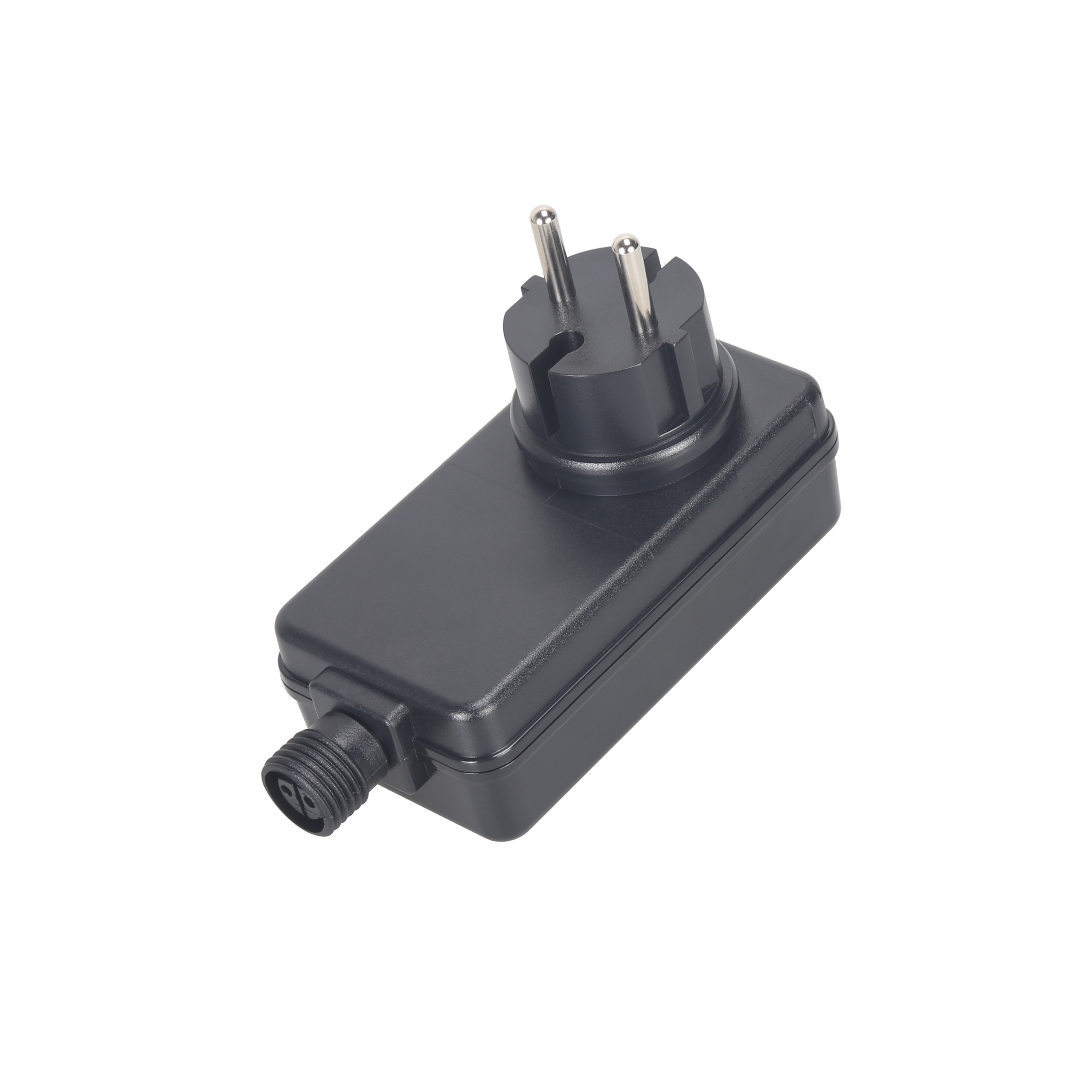 Black plug adapter with two metal pins and a connector.