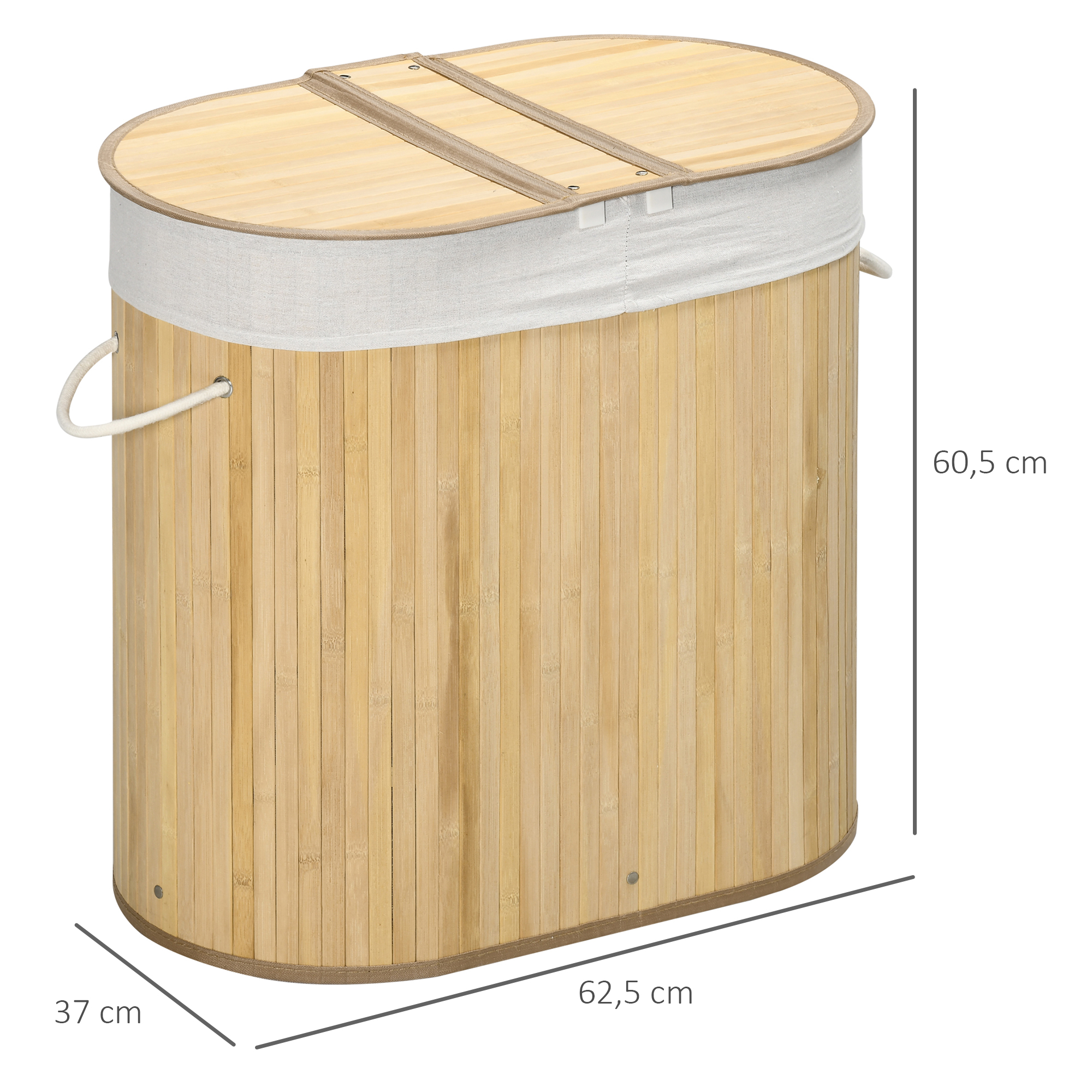 Una cesta de lavandería ovalada de bambú con borde de tela blanca y tapa.