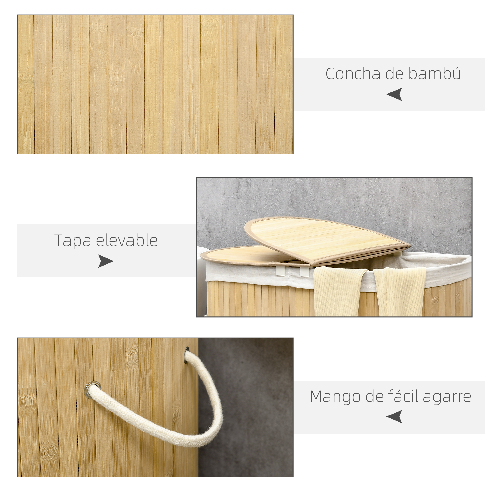 Cesta de lavandería de bambú con tapa y asas. Tonos claros.
