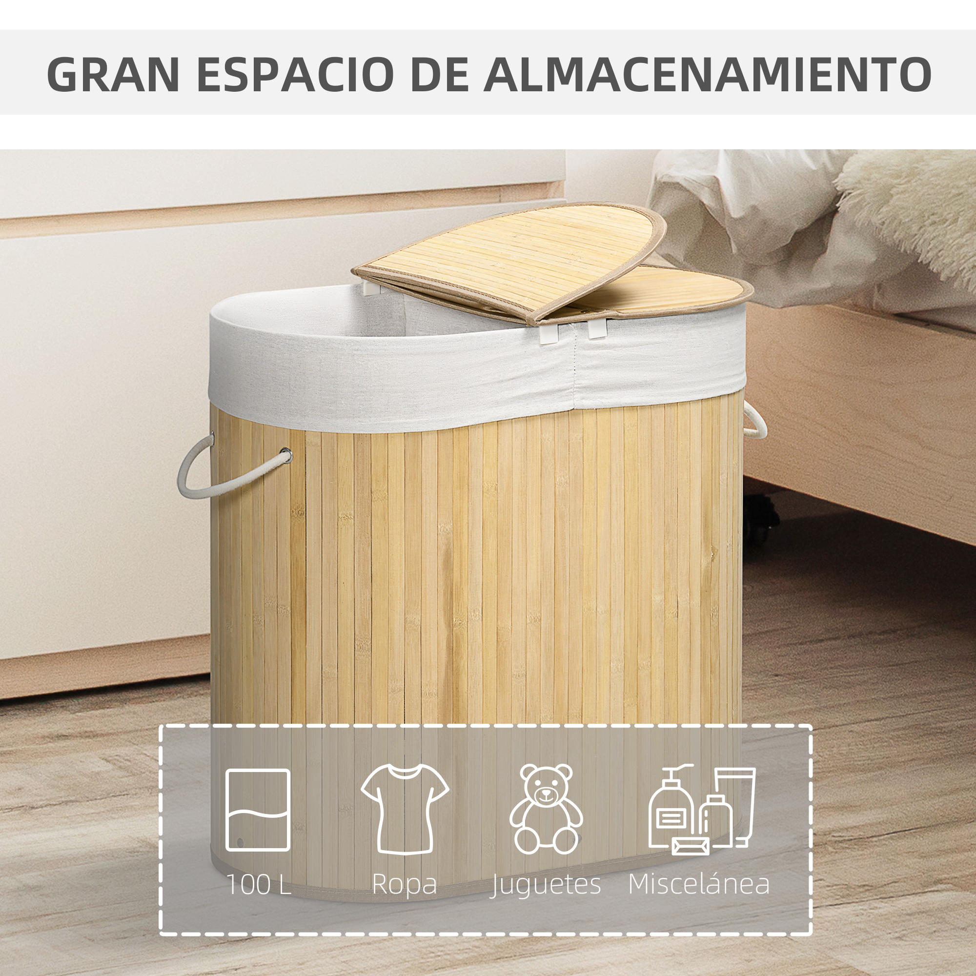 Cesto de ropa de bambú con interior blanco y tapa abierta junto a una cama.