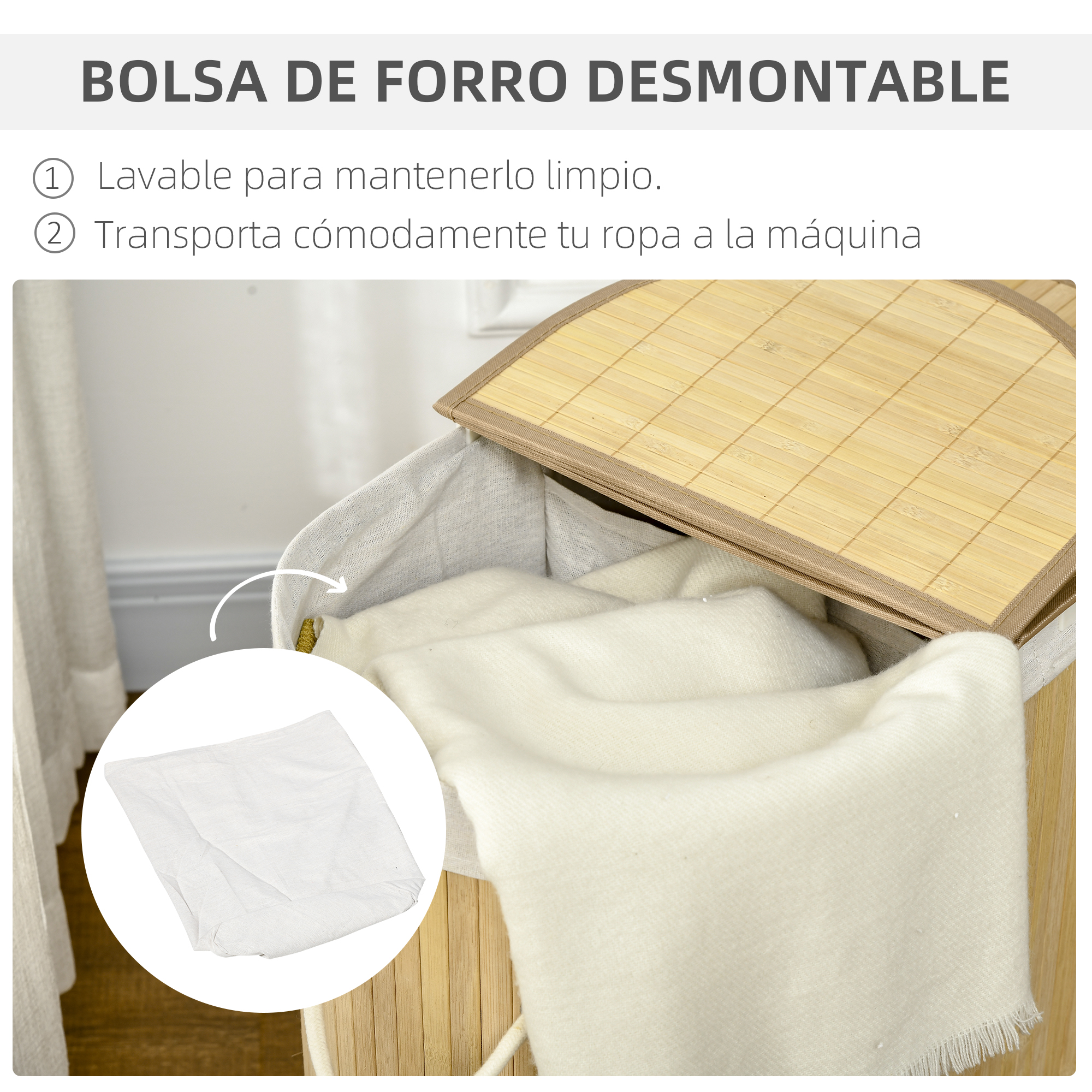 Cesto de ropa de bambú con forro extraíble y ropa blanca dentro.