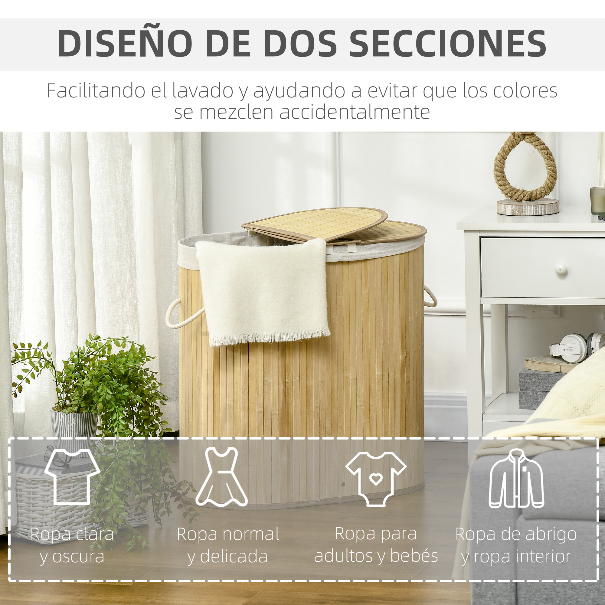 Un cesto de ropa redondo de bambú con tapa junto a una mesita de noche.