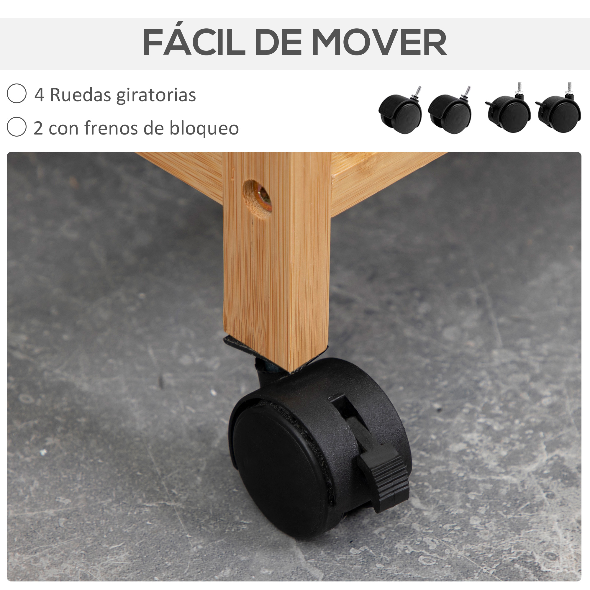 Primer plano de pata de mueble de madera con rueda giratoria negra y freno.