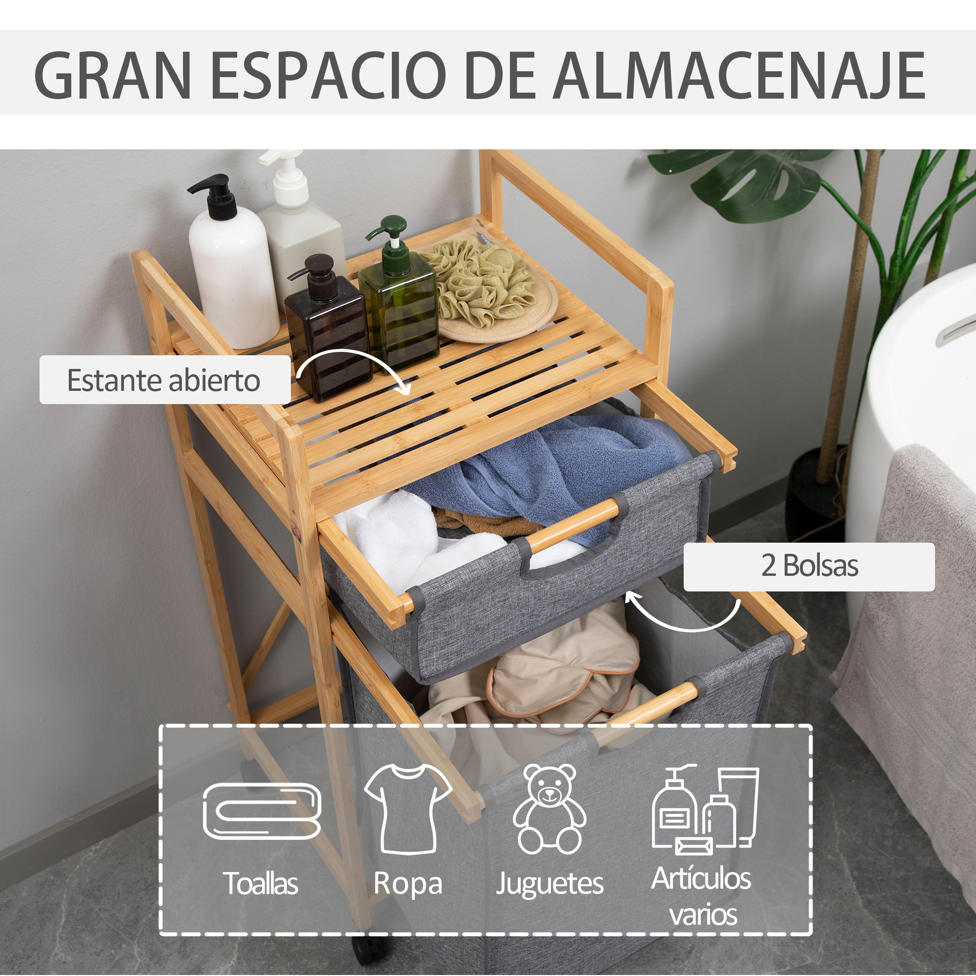 Un carrito de bambú de tres niveles con estantes abiertos y dos cestas.