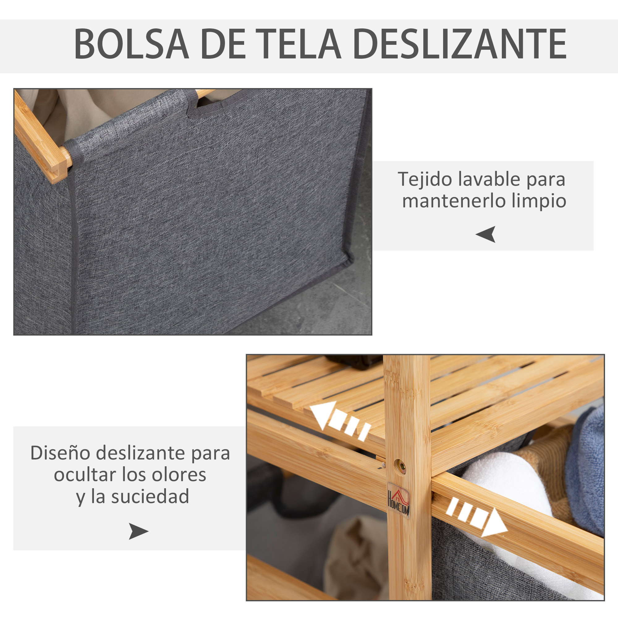 Cesta de tela gris con asas de madera y cajones.