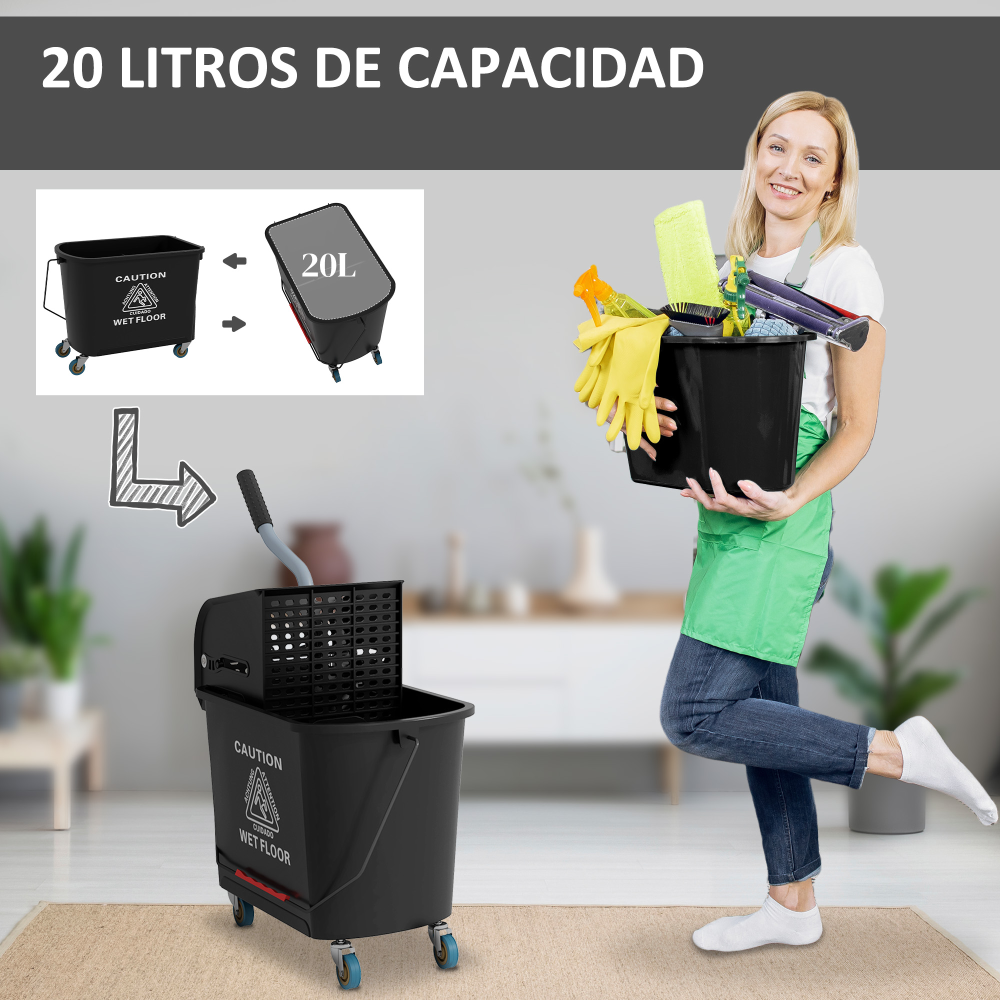 Una mujer sosteniendo un cubo con suministros de limpieza junto a un cubo para trapeador.