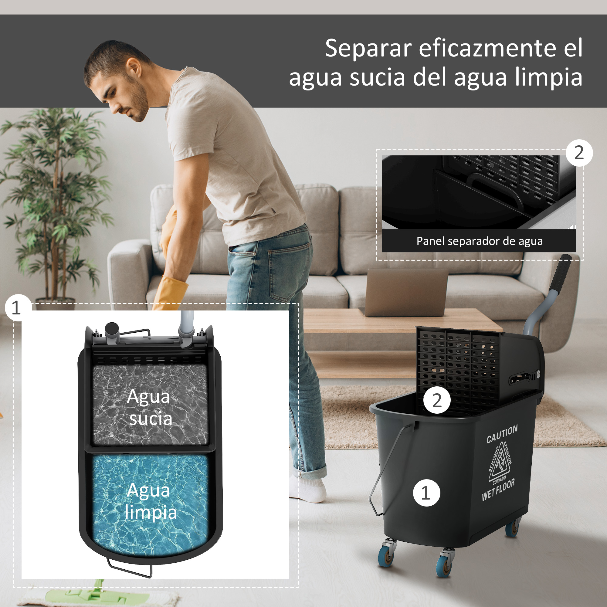 Hombre limpia con un cubo de fregar. Separa agua sucia y limpia.