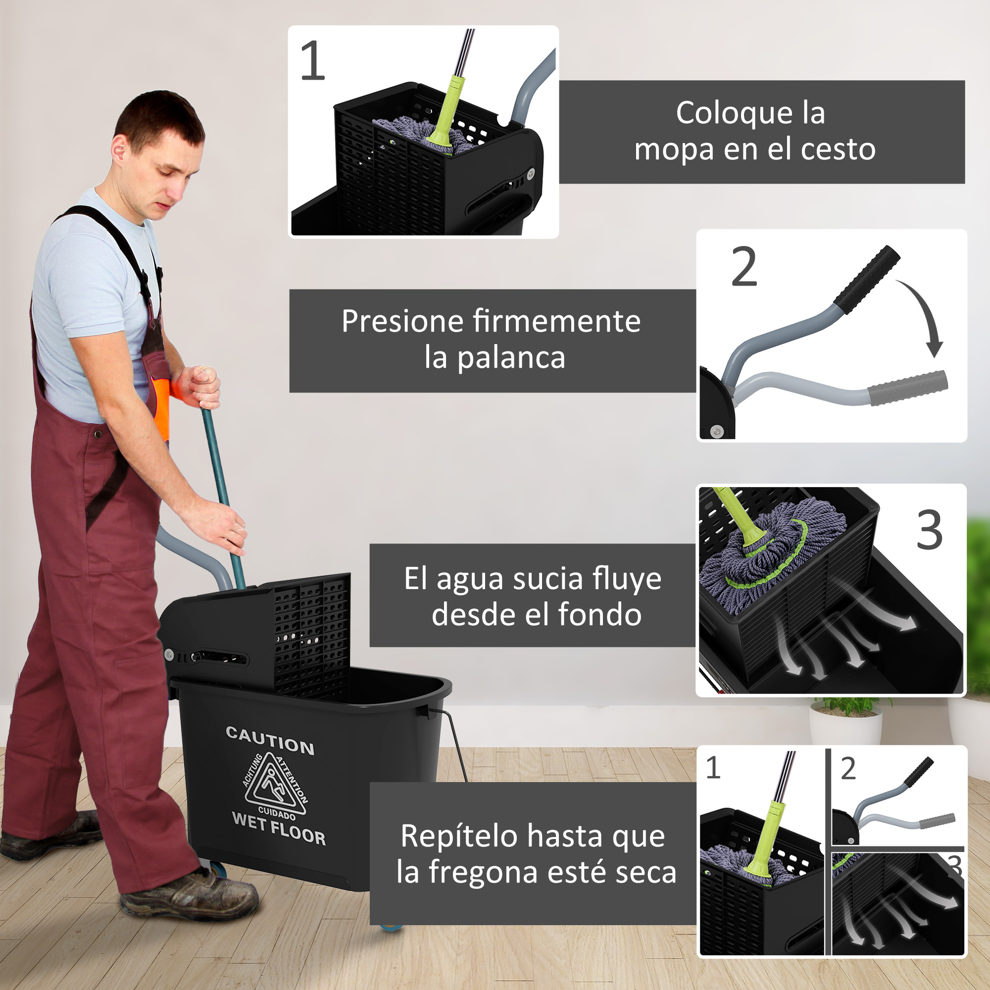 Hombre usa una fregona con cubo. Instrucciones paso a paso.