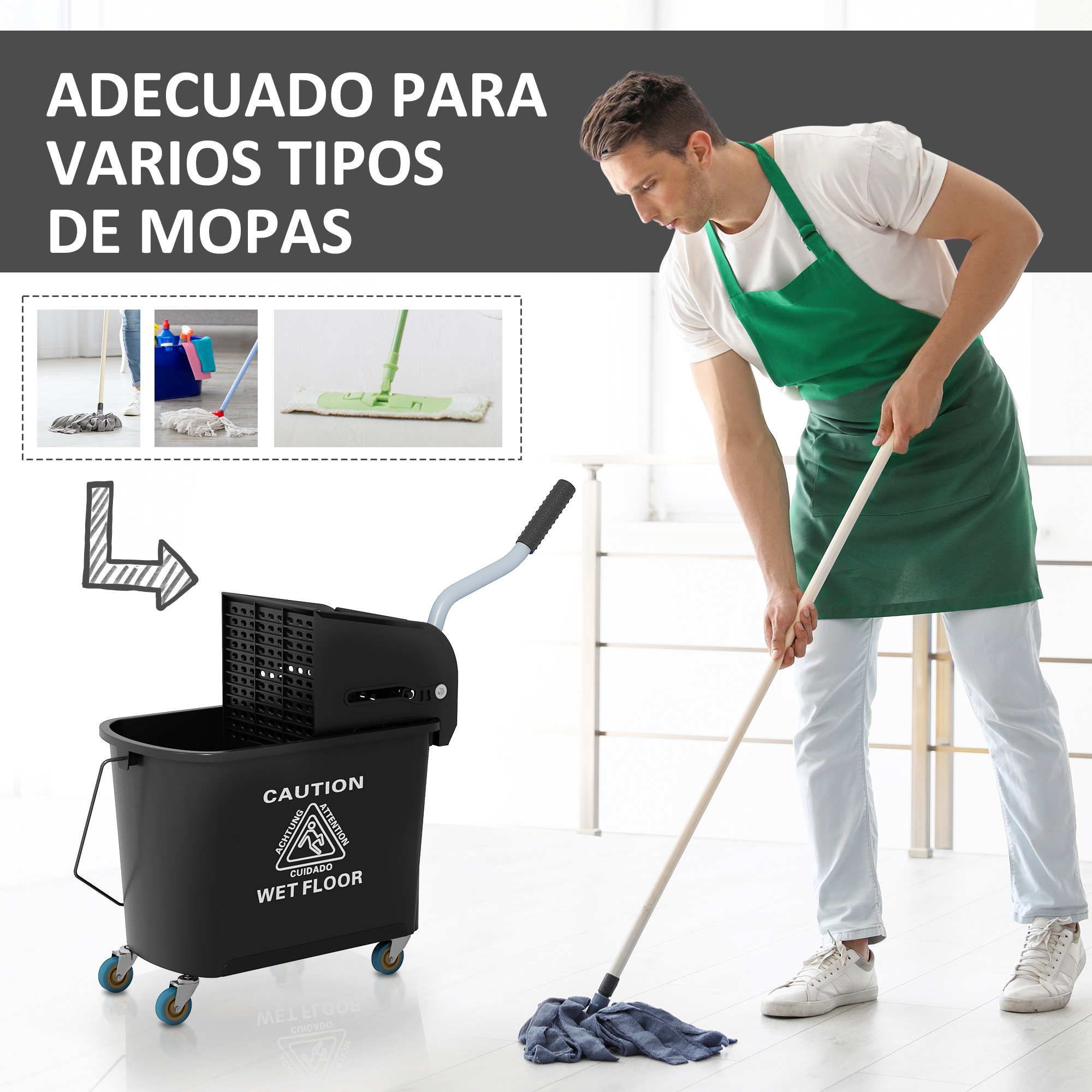 Hombre con delantal verde friega suelo junto a cubo negro.