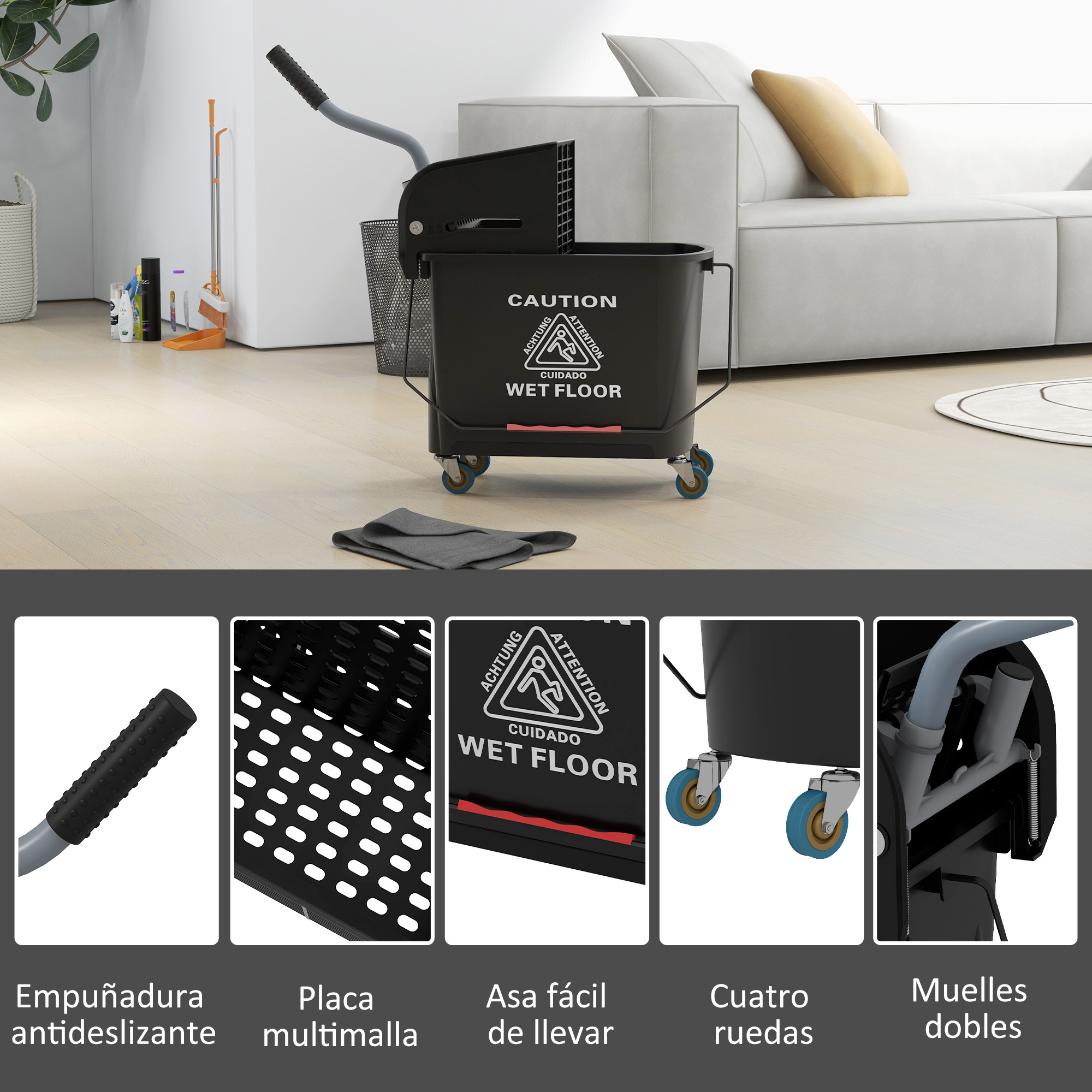 Cubo de fregona negro con ruedas y señal de "Wet Floor".