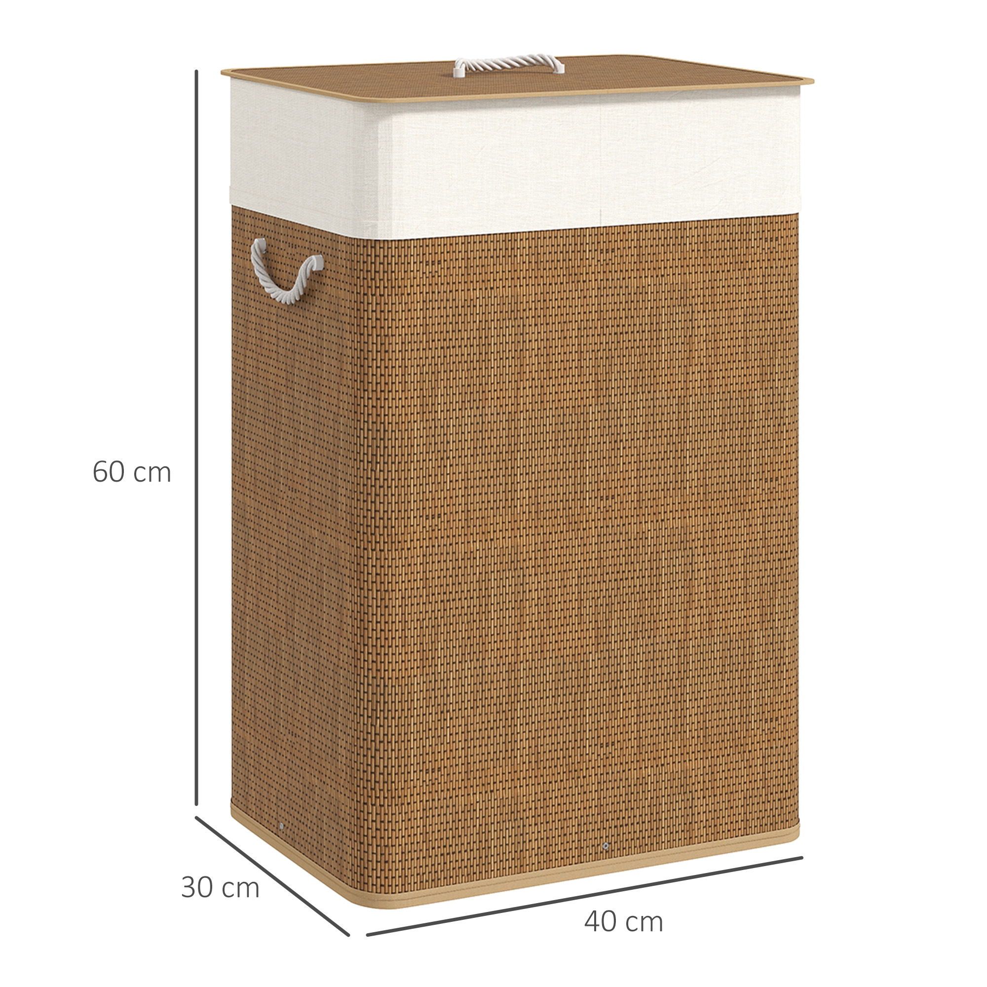 Cesta de ropa marrón tejida con inserto de tela blanco y asas de cuerda.