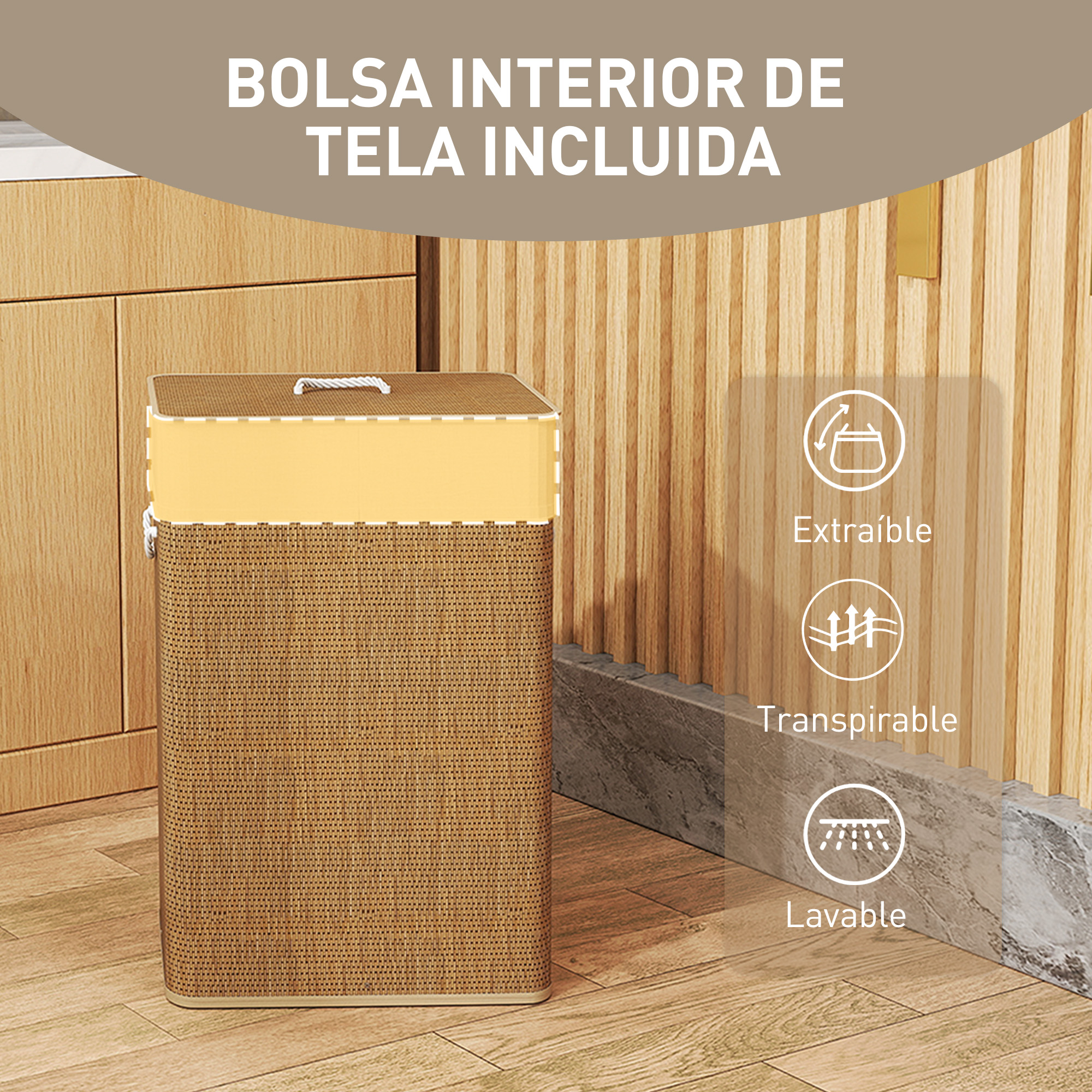 Cesta de ropa marrón con borde amarillo, sobre suelo de madera.