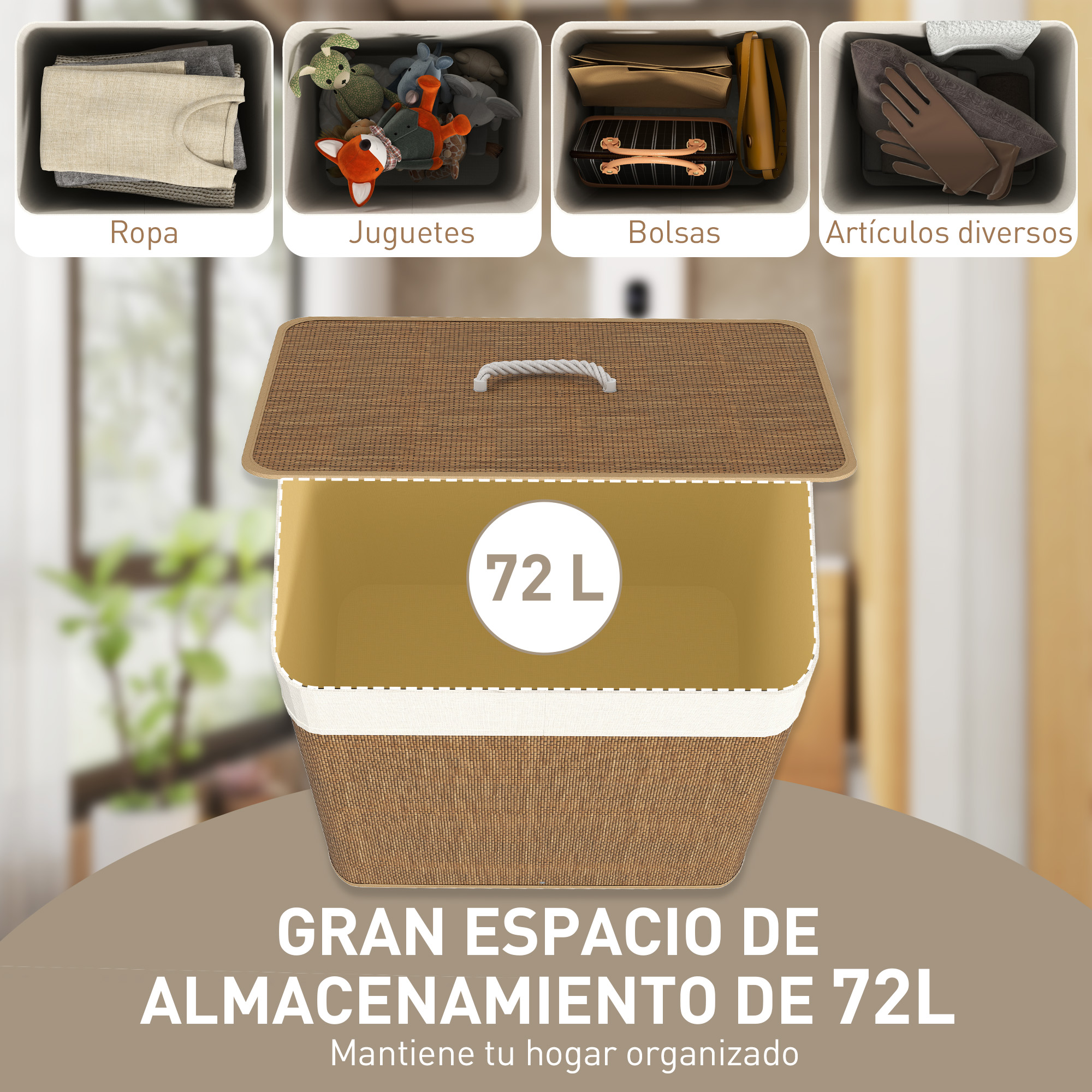 Una cesta de lavandería tejida de 72L color marrón con tapa. Compartimentos superiores: ropa, juguetes, bolsos, varios.