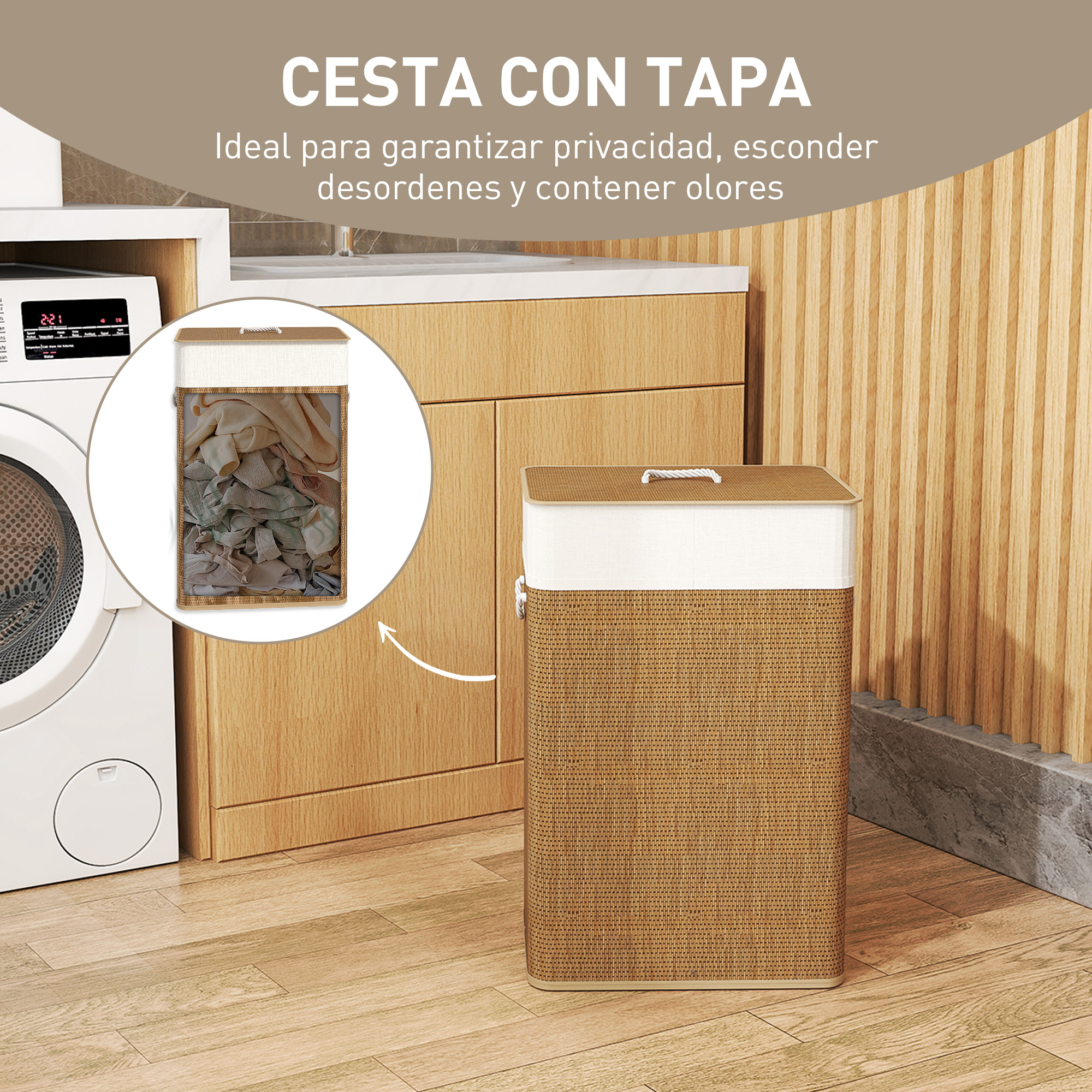 Cesto de ropa marrón tejido con tapa blanca junto a lavadora en suelo de madera.