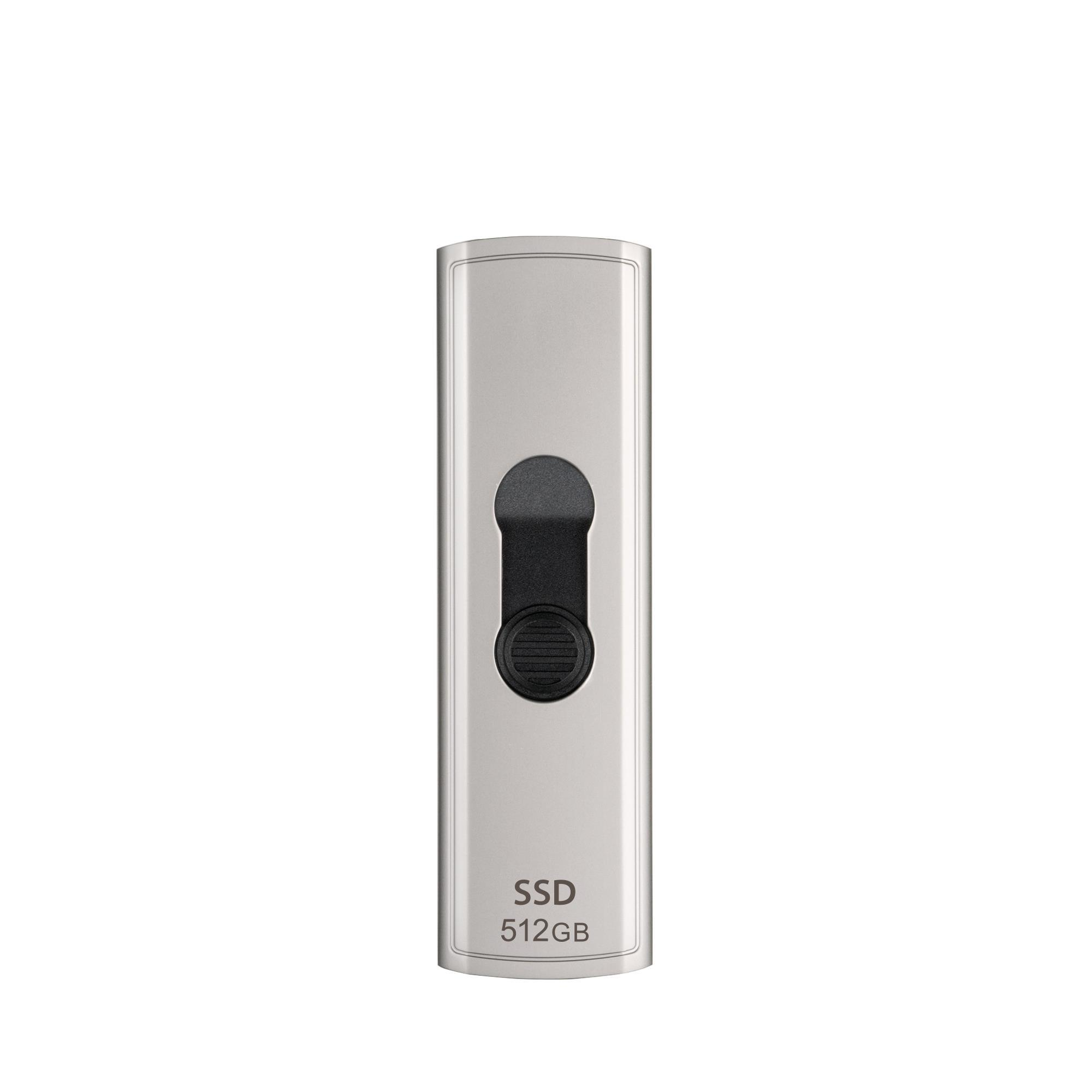 Silver USB drive with black slider and 512GB SSD storage.