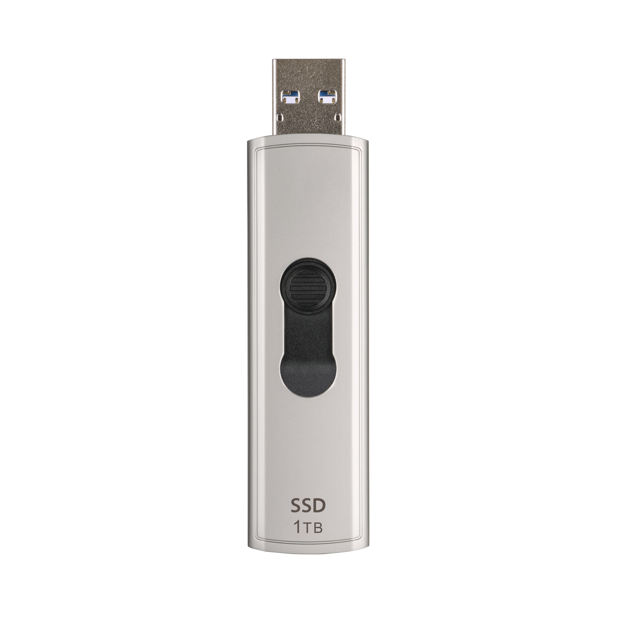 Silver USB flash drive with black slider, labeled 'SSD 1TB'. White background.