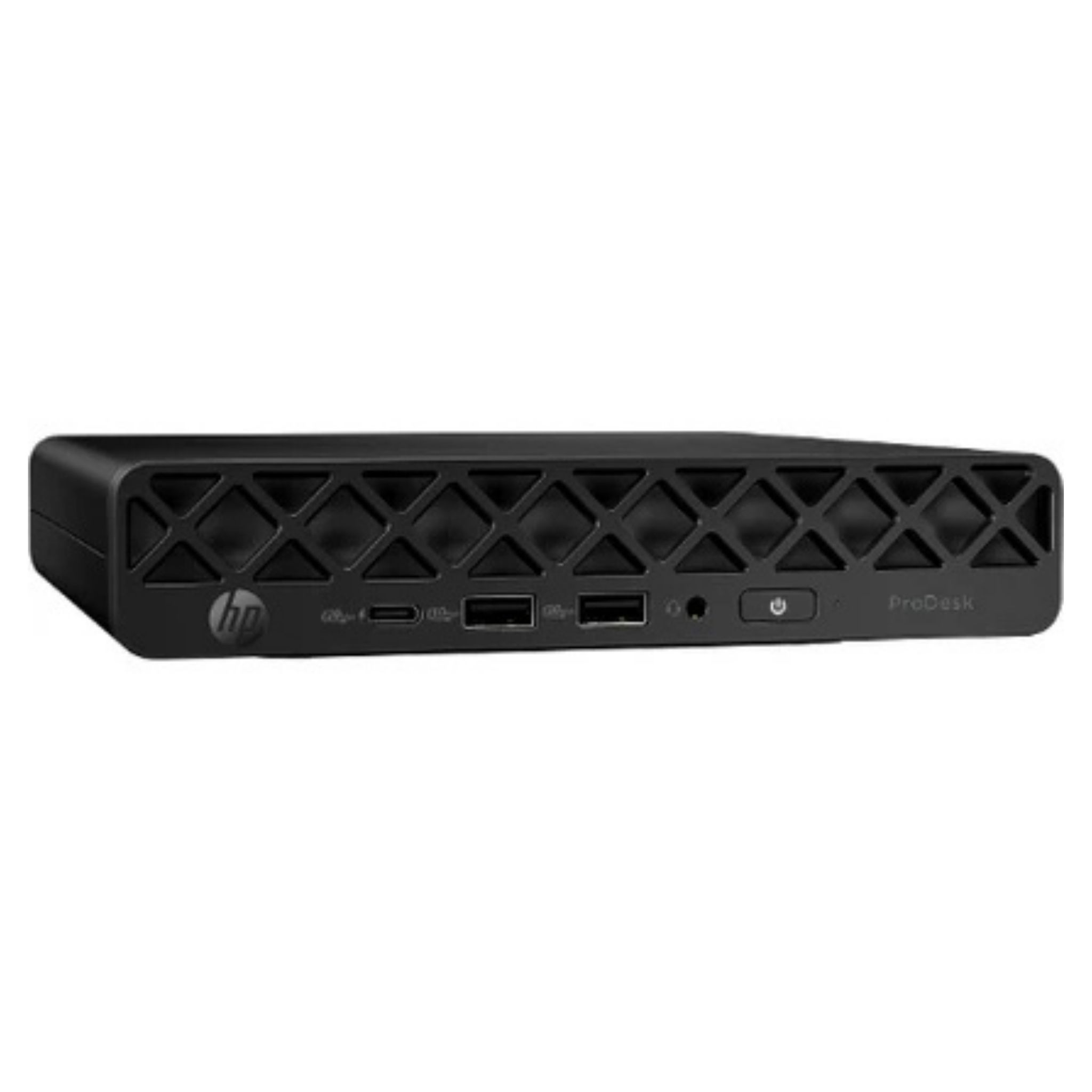 USB bağlantı noktaları ve güç düğmesi olan siyah HP ProDesk Mini PC.