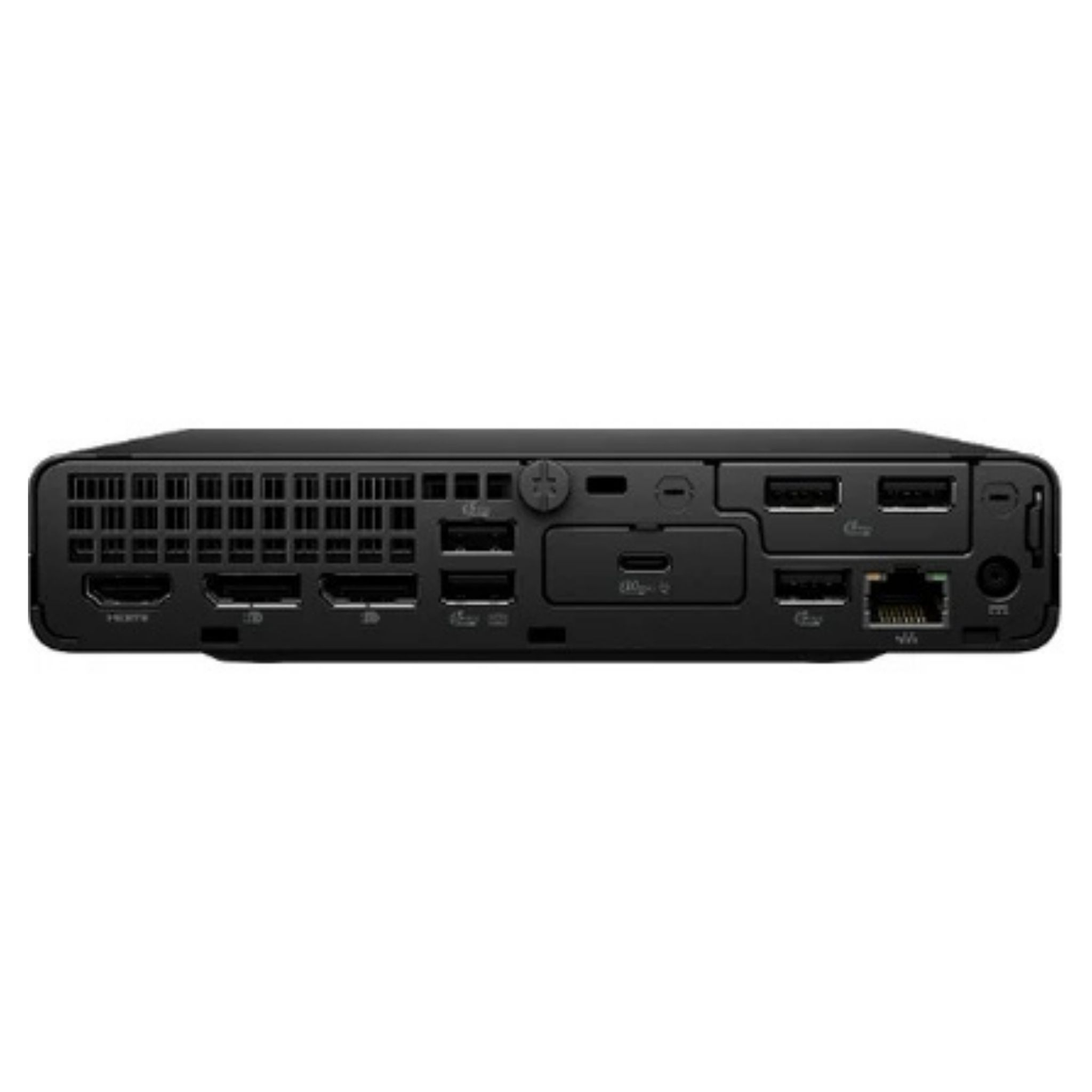 Siyah mini PC'nin arkası, USB ve HDMI dahil birçok bağlantı noktası ve havalandırma delikleri.