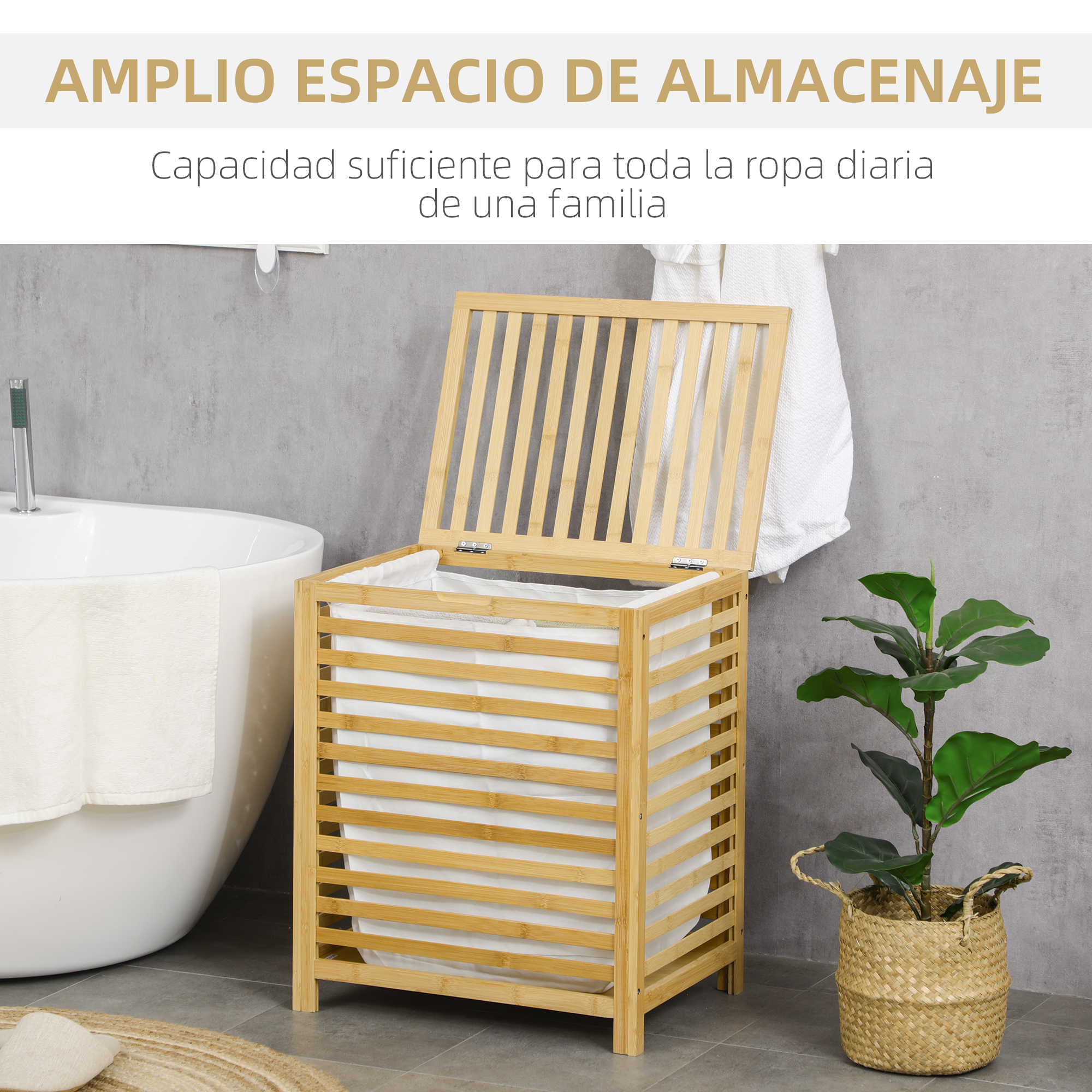 Un cesto de ropa de bambú con forro blanco junto a una bañera.