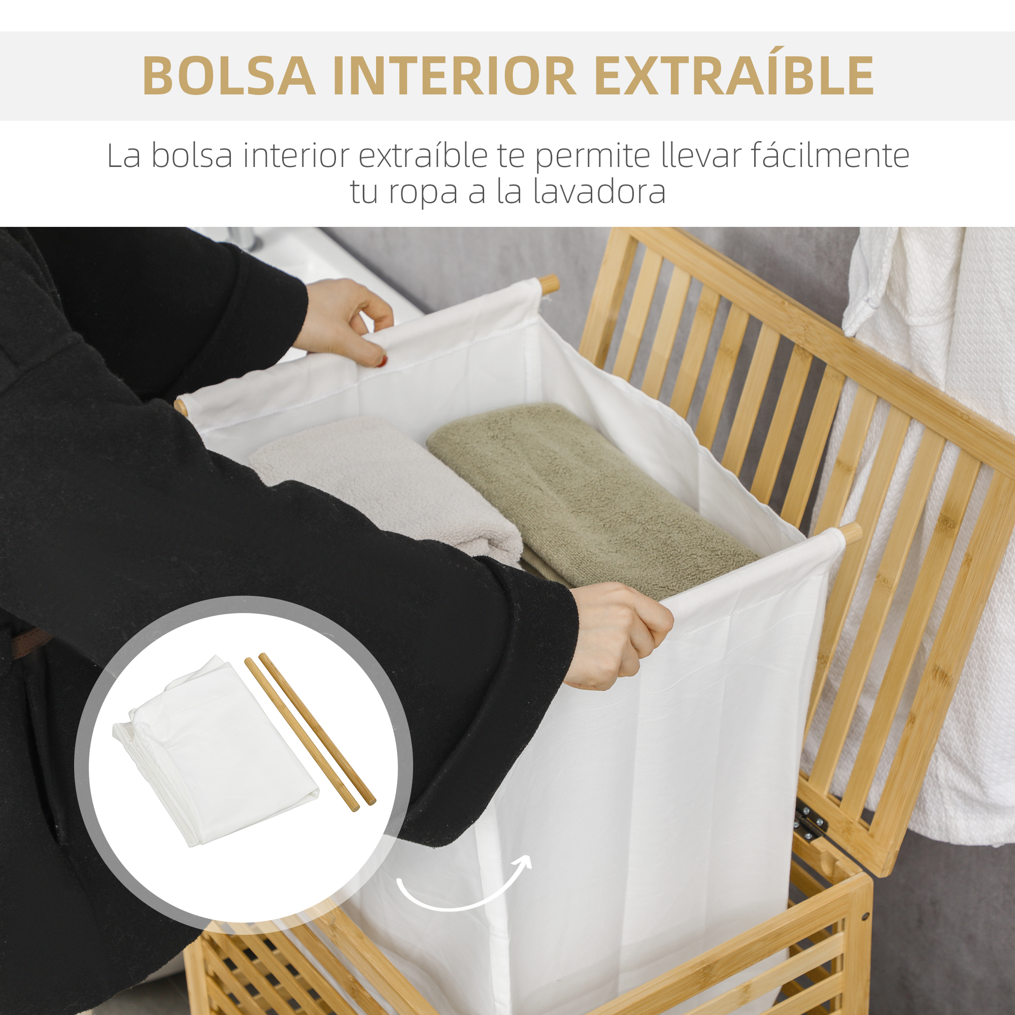 Una persona saca una bolsa interior blanca de una cesta de bambú.